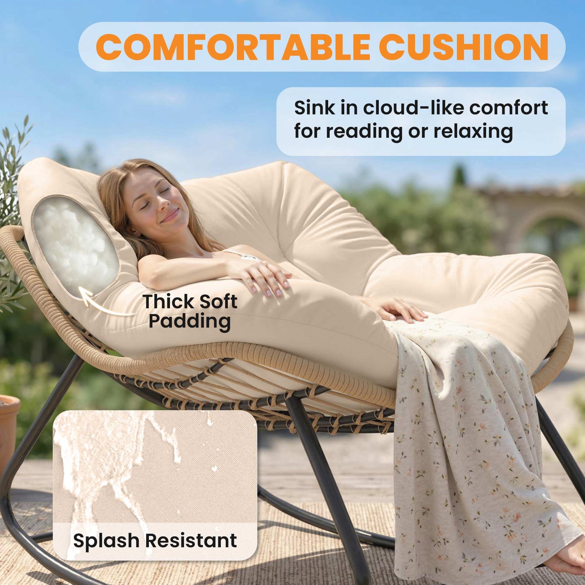 Outsunny Indoor Outdoor Papasan Rocking Chair, Oversized Rocking Egg Chair with Cushion for Garden, Patio, Cream White