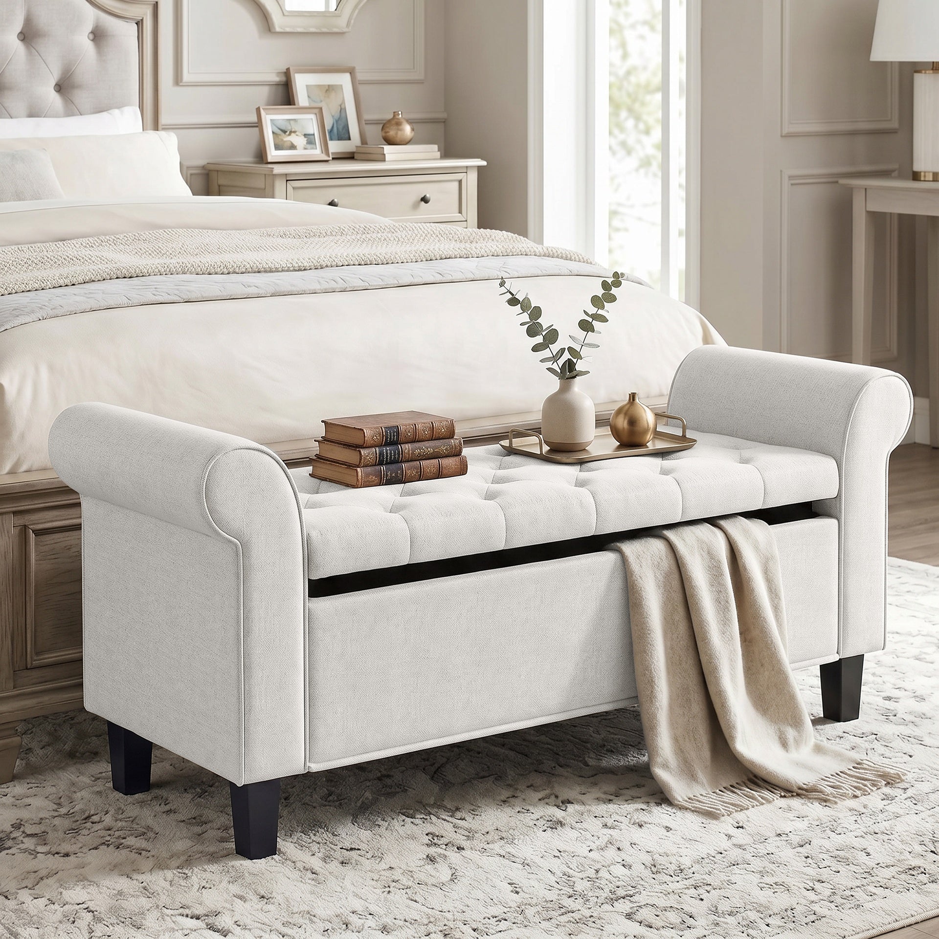 HOMCOM 47" Storage Ottoman Bench, Tufted End of Bed Bench with Rolled Arms, Safety Hinge, Wood Legs for Bedroom, Cream White