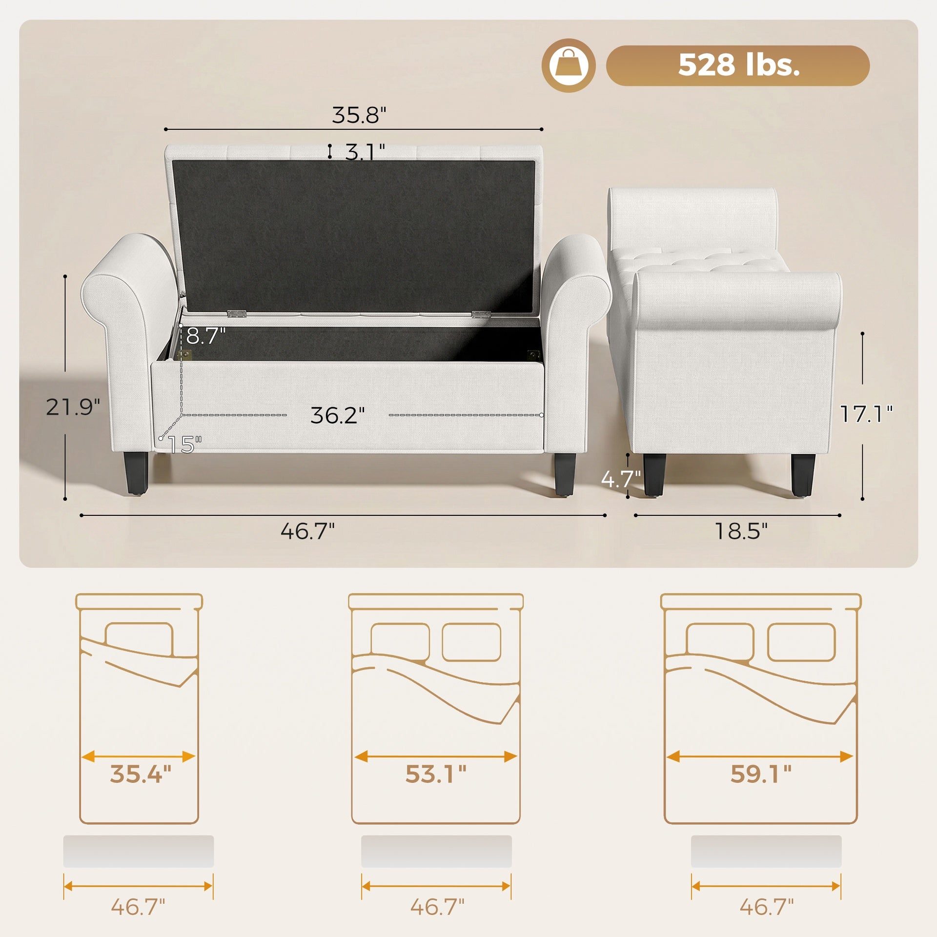 HOMCOM 47" Storage Ottoman Bench, Tufted End of Bed Bench with Rolled Arms, Safety Hinge, Wood Legs for Bedroom, Cream White