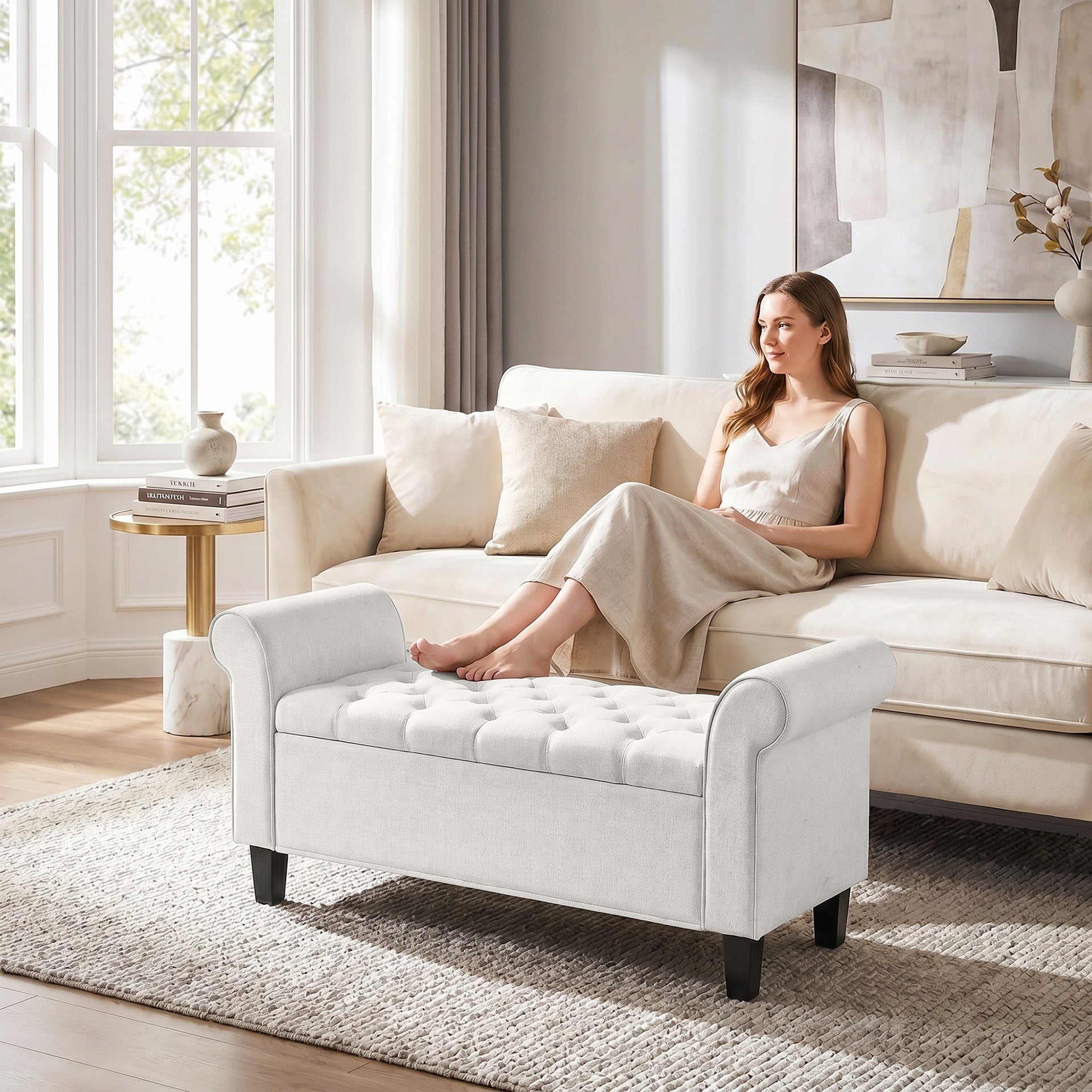 HOMCOM 47" Storage Ottoman Bench, Tufted End of Bed Bench with Rolled Arms, Safety Hinge, Wood Legs for Bedroom, Cream White