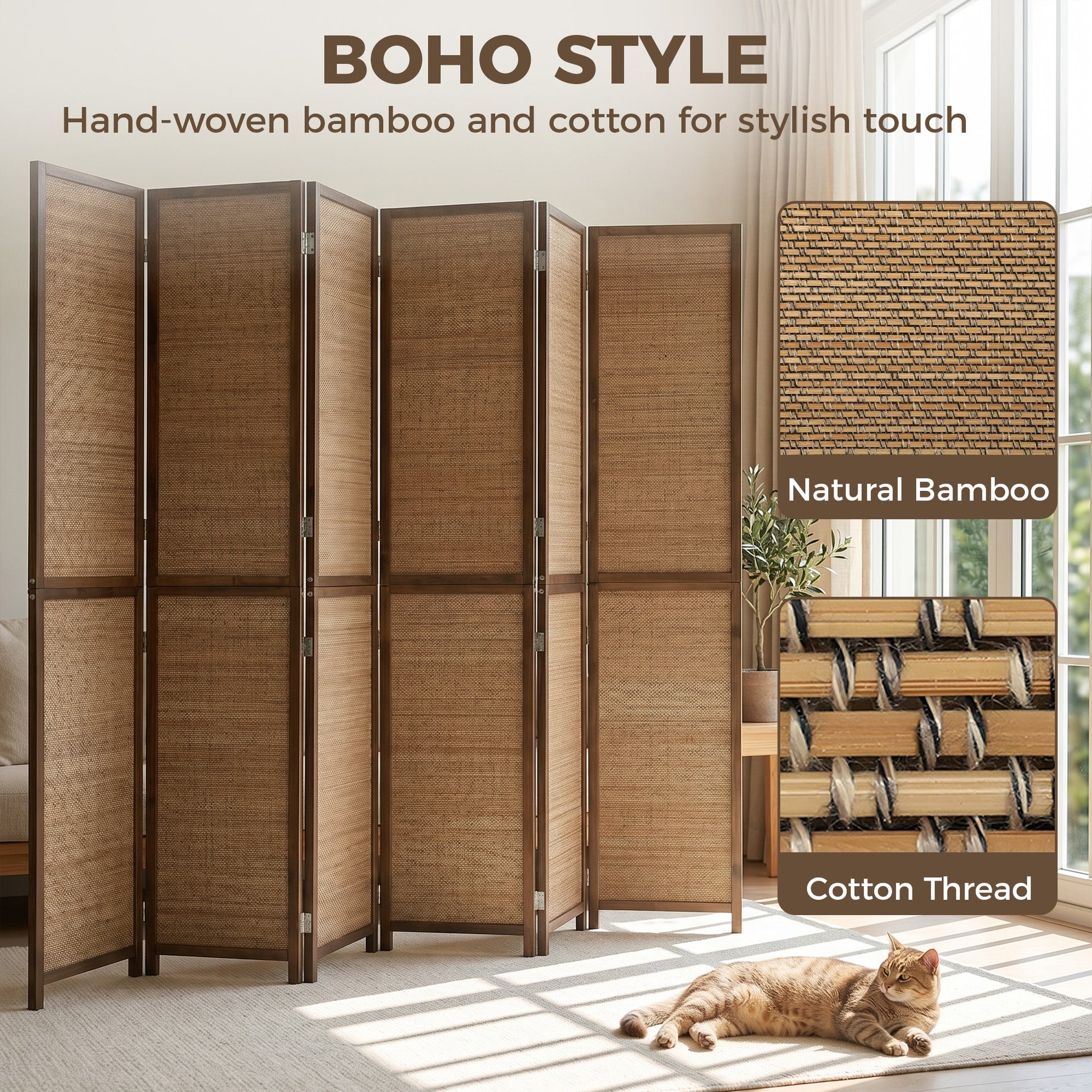 HOMCOM Room Divider, 6 Panel Folding Privacy Screen, 6 FT Tall Hand-Woven Bamboo Wall Partition, Brown