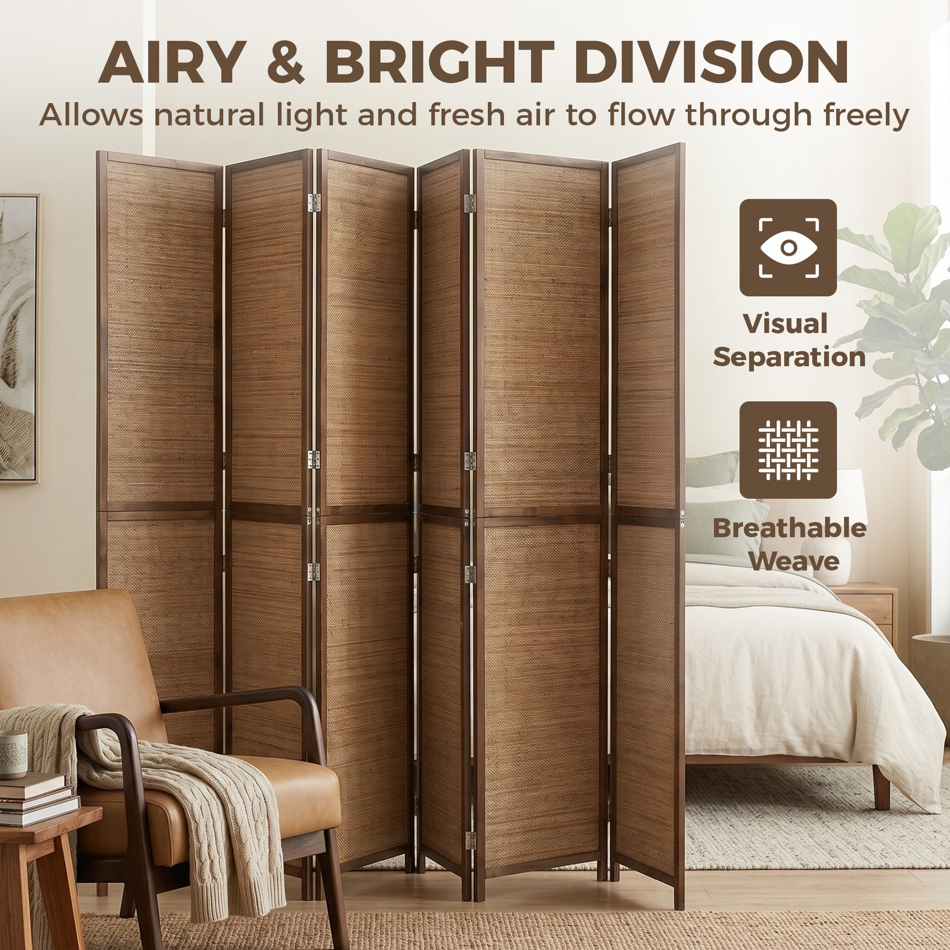 HOMCOM Room Divider, 6 Panel Folding Privacy Screen, 6 FT Tall Hand-Woven Bamboo Wall Partition, Brown