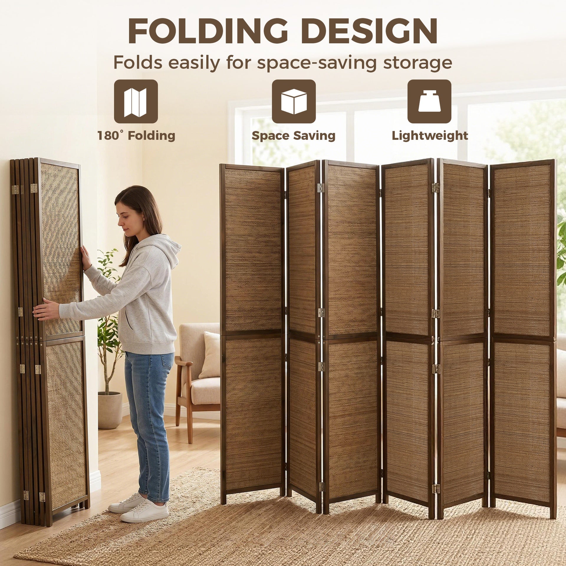 HOMCOM Room Divider, 6 Panel Folding Privacy Screen, 6 FT Tall Hand-Woven Bamboo Wall Partition, Brown