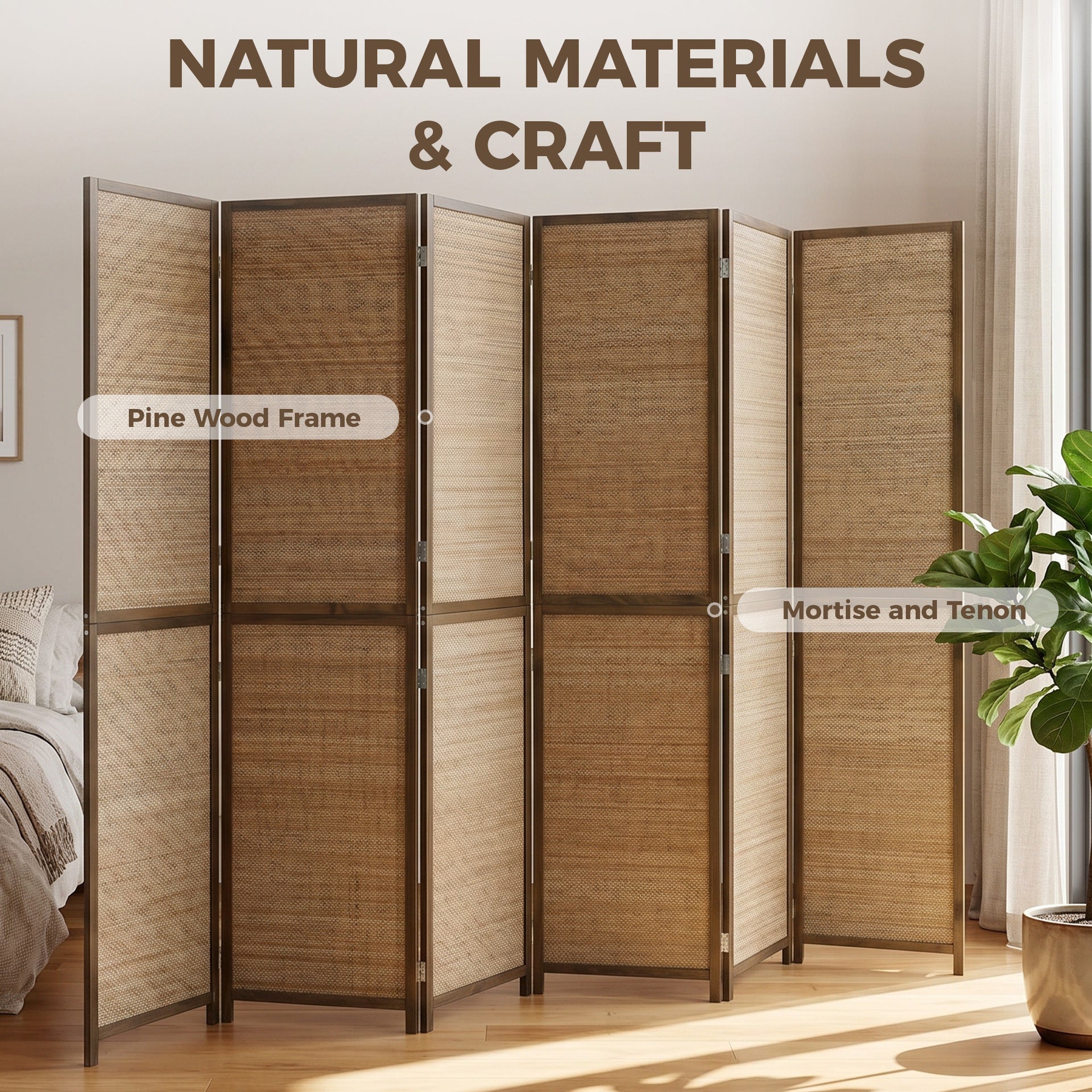 HOMCOM Room Divider, 6 Panel Folding Privacy Screen, 6 FT Tall Hand-Woven Bamboo Wall Partition, Brown