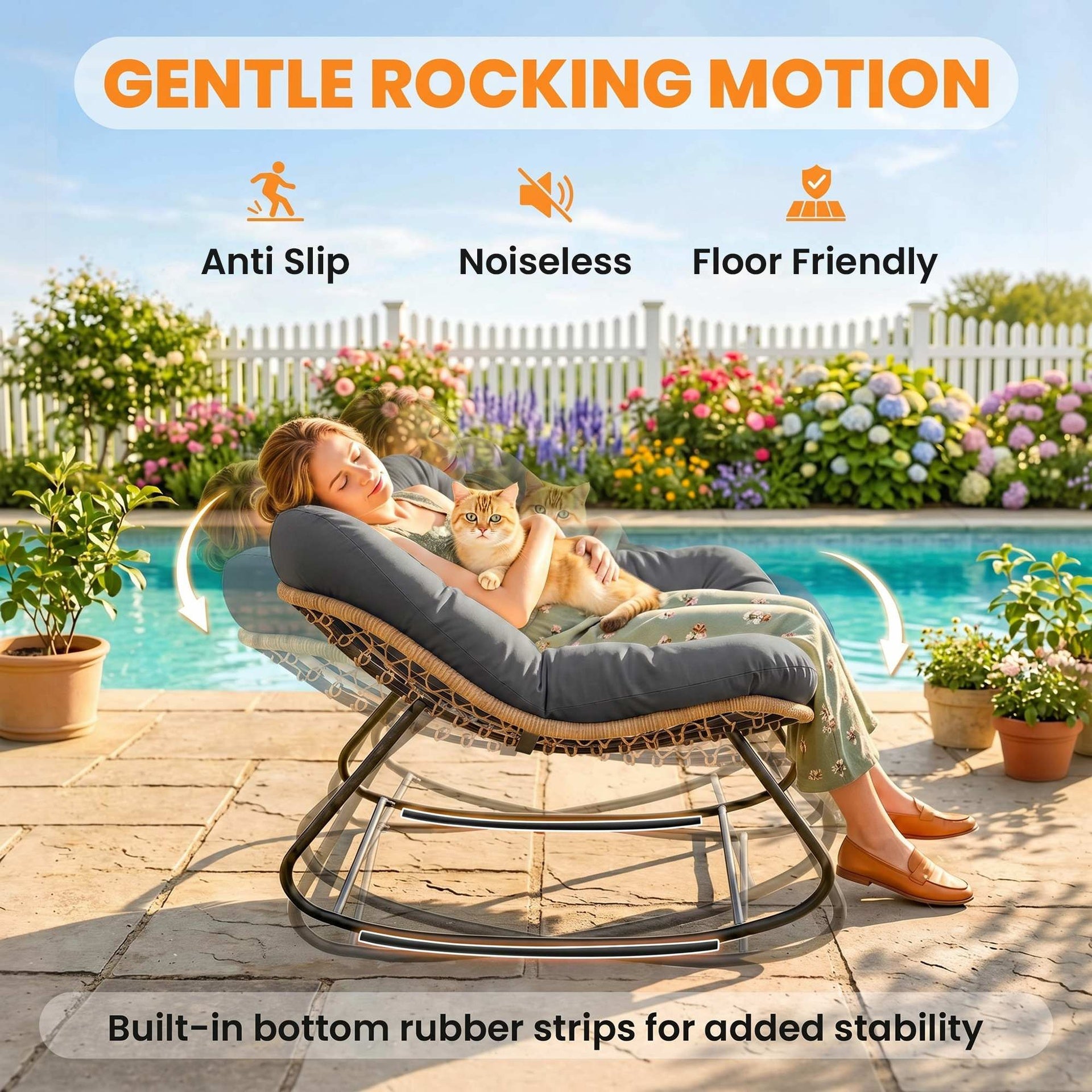 Outsunny Indoor Outdoor Papasan Rocking Chair, Oversized Rocking Egg Chair with Cushion for Garden, Patio, Dark Gray