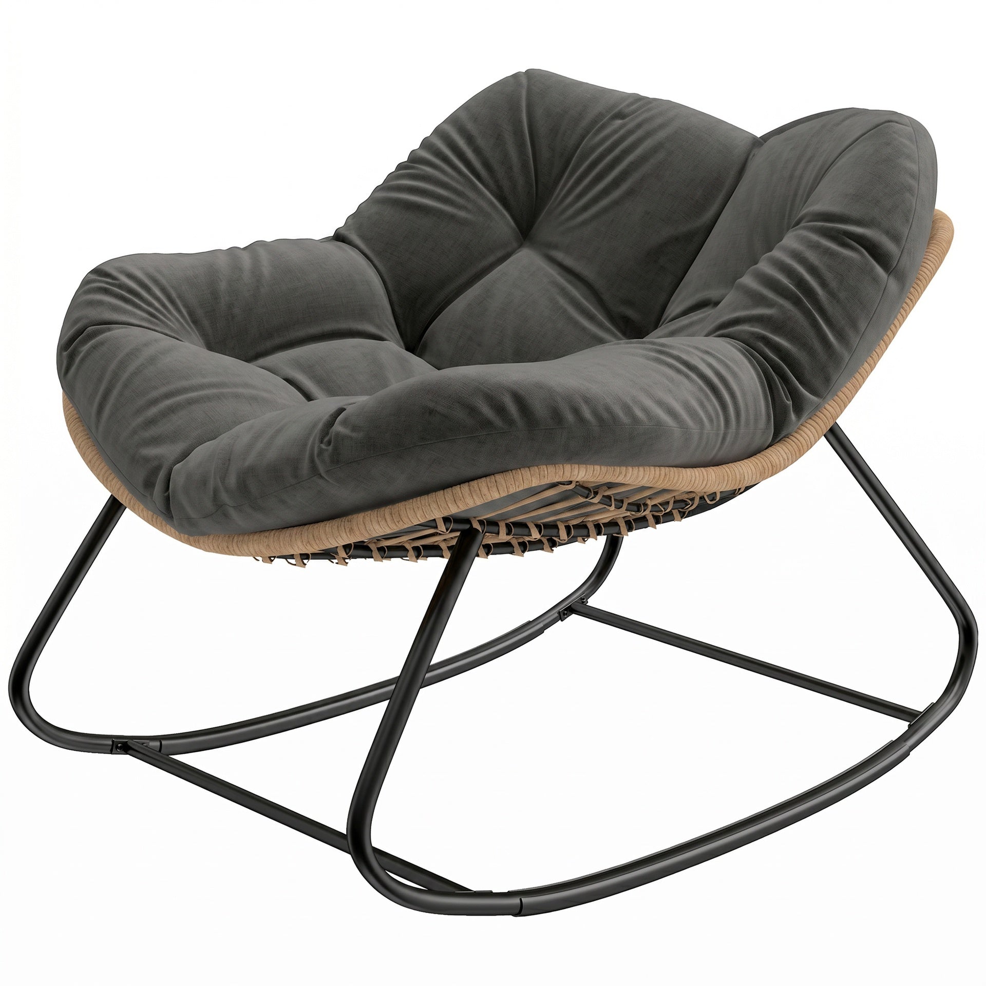 Outsunny Indoor Outdoor Papasan Rocking Chair, Oversized Rocking Egg Chair with Cushion for Garden, Patio, Dark Gray