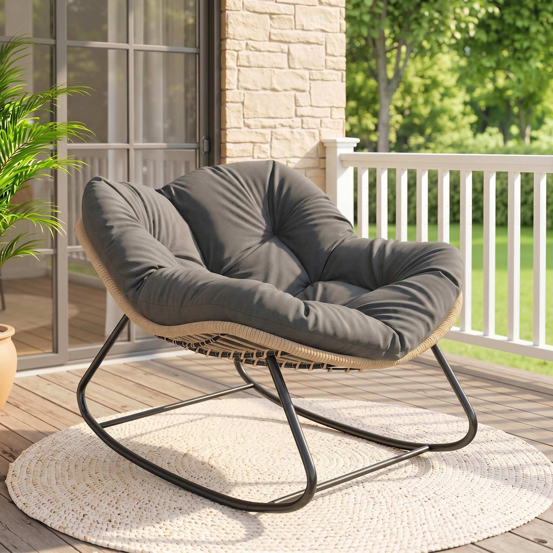 Outsunny Indoor Outdoor Papasan Rocking Chair, Oversized Rocking Egg Chair with Cushion for Garden, Patio, Dark Gray