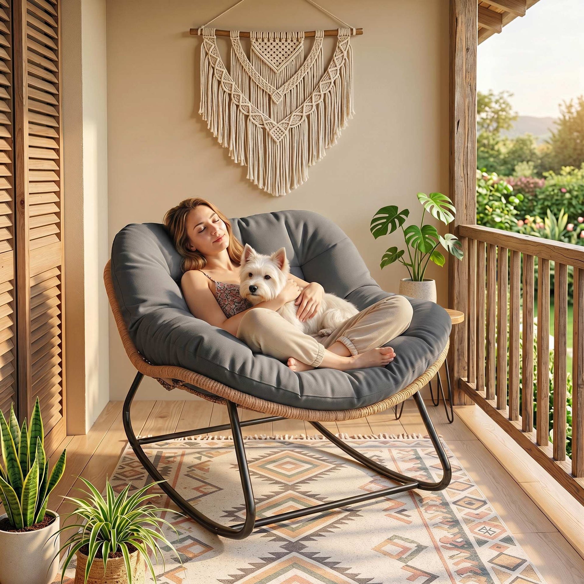Outsunny Indoor Outdoor Papasan Rocking Chair, Oversized Rocking Egg Chair with Cushion for Garden, Patio, Dark Gray