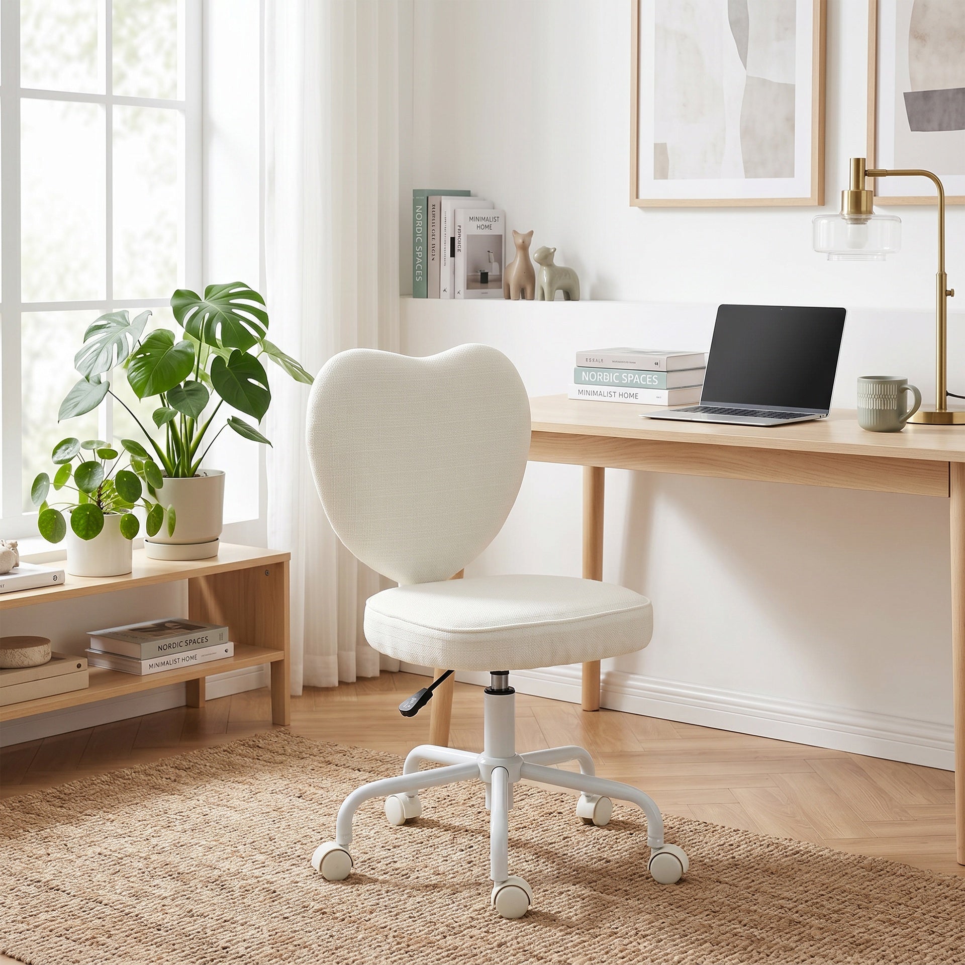 HOMCOM Heart Love Shaped Back Design Vanity Chair,  Office Chair with Adjustable Height and 360 Swivel Castor Wheels, White