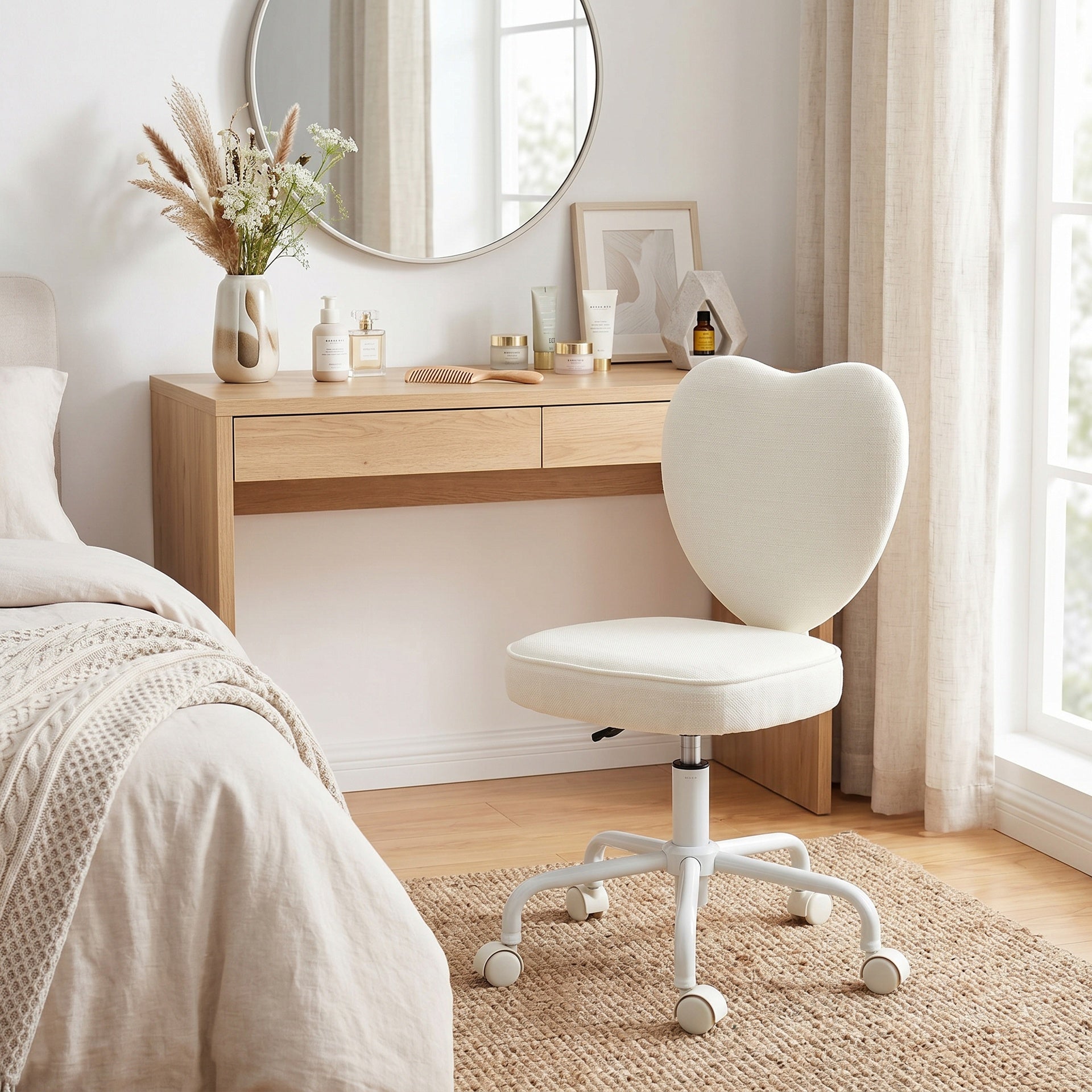 HOMCOM Heart Love Shaped Back Design Vanity Chair,  Office Chair with Adjustable Height and 360 Swivel Castor Wheels, White