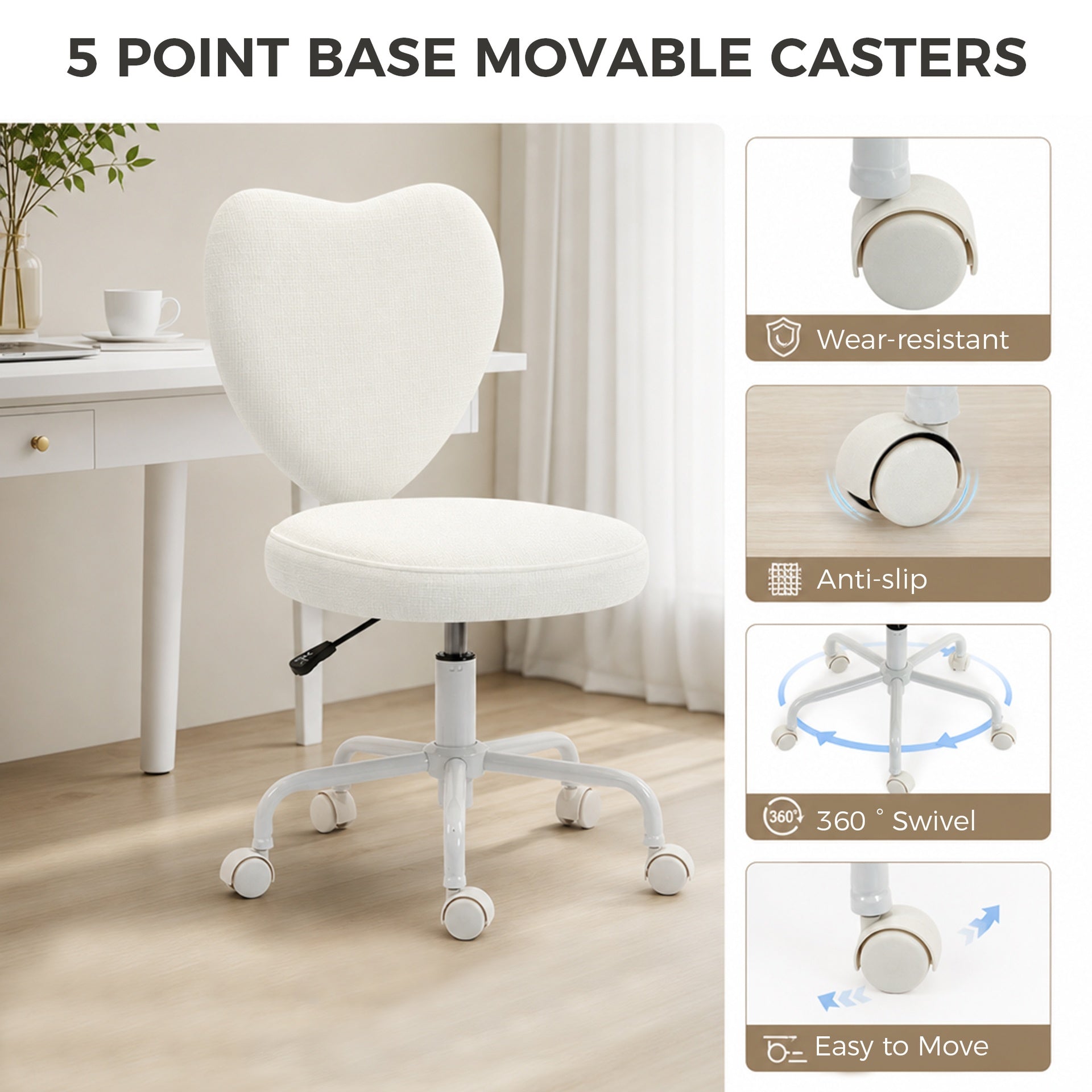 HOMCOM Heart Love Shaped Back Design Vanity Chair,  Office Chair with Adjustable Height and 360 Swivel Castor Wheels, White