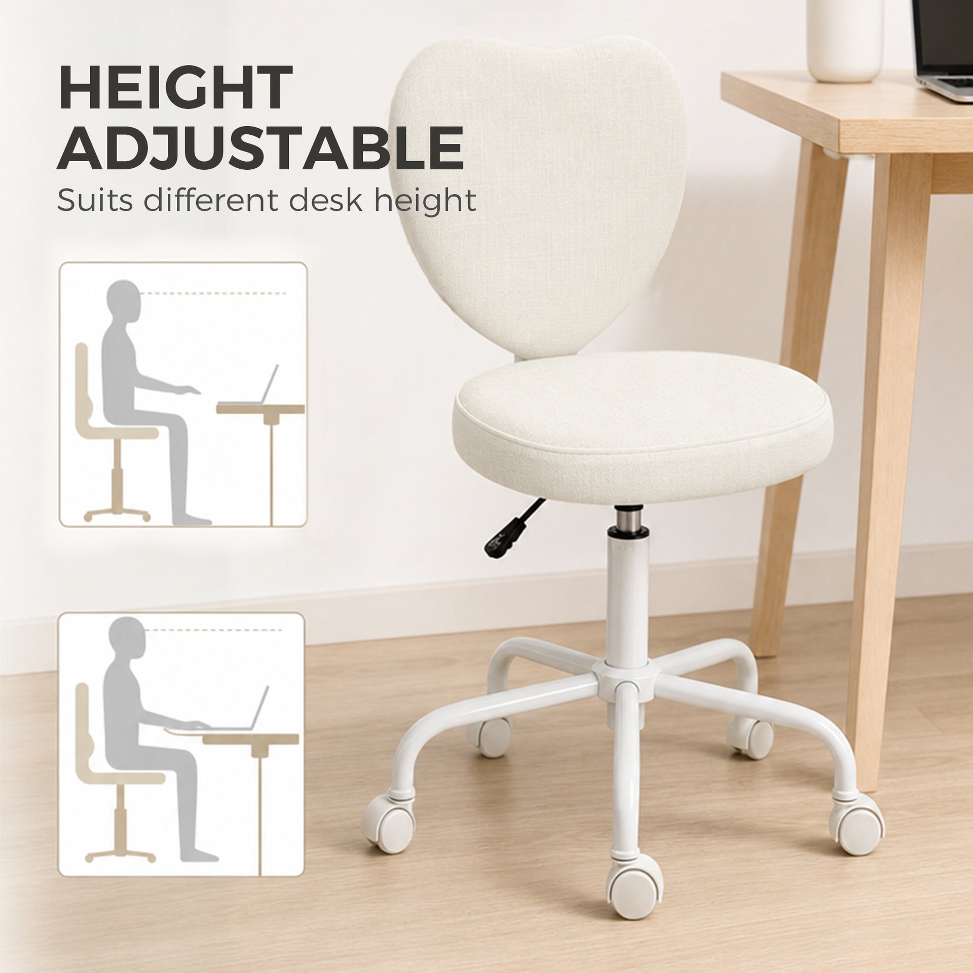 HOMCOM Heart Love Shaped Back Design Vanity Chair,  Office Chair with Adjustable Height and 360 Swivel Castor Wheels, White