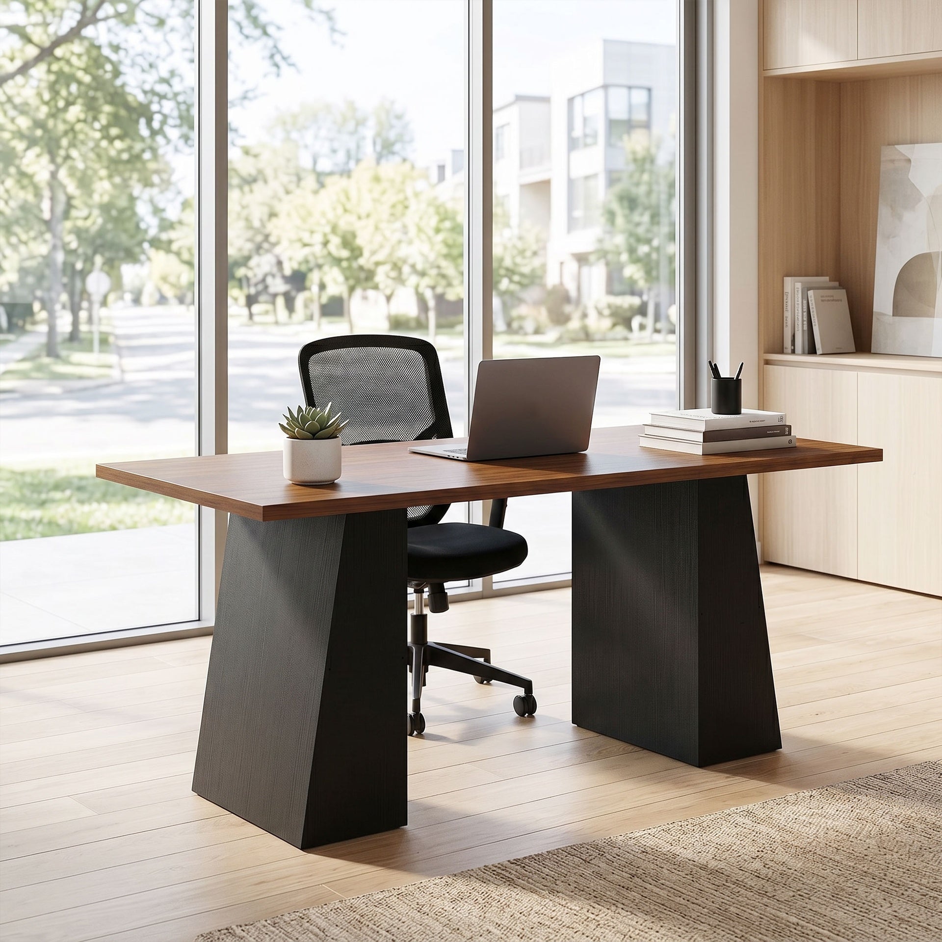 HOMCOM 63 Inch Computer Desk with Trapezoidal Frame Light Walnut and Black