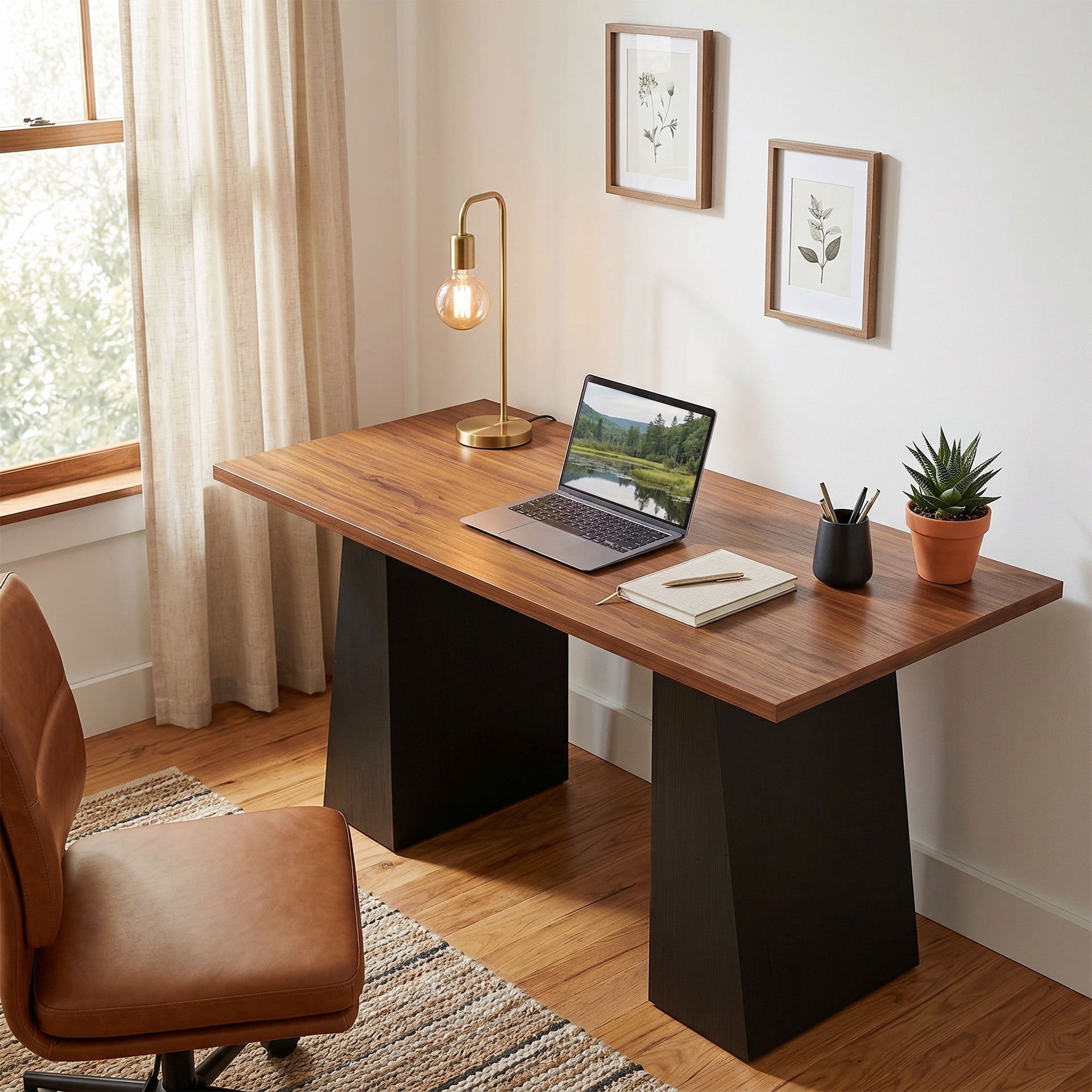 HOMCOM 63 Inch Computer Desk with Trapezoidal Frame Light Walnut and Black