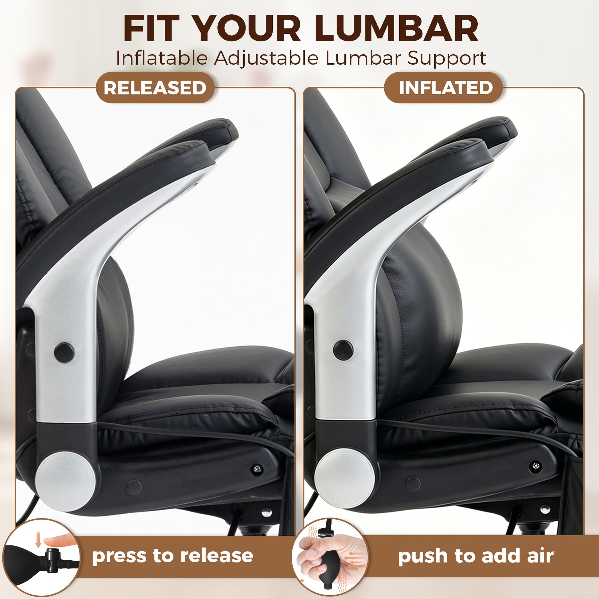 HOMCOM Big and Tall Office Chair with Airbag Lumbar Support, Pet-Friendly Fabric Desk Chair with Flip-Up Armrests, Black