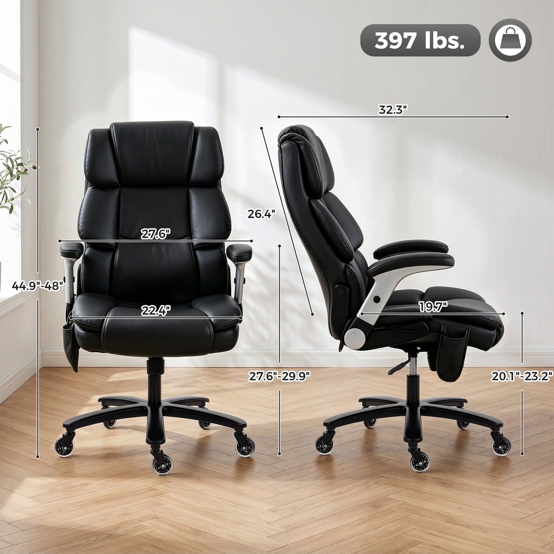 HOMCOM Big and Tall Office Chair with Airbag Lumbar Support, Pet-Friendly Fabric Desk Chair with Flip-Up Armrests, Black