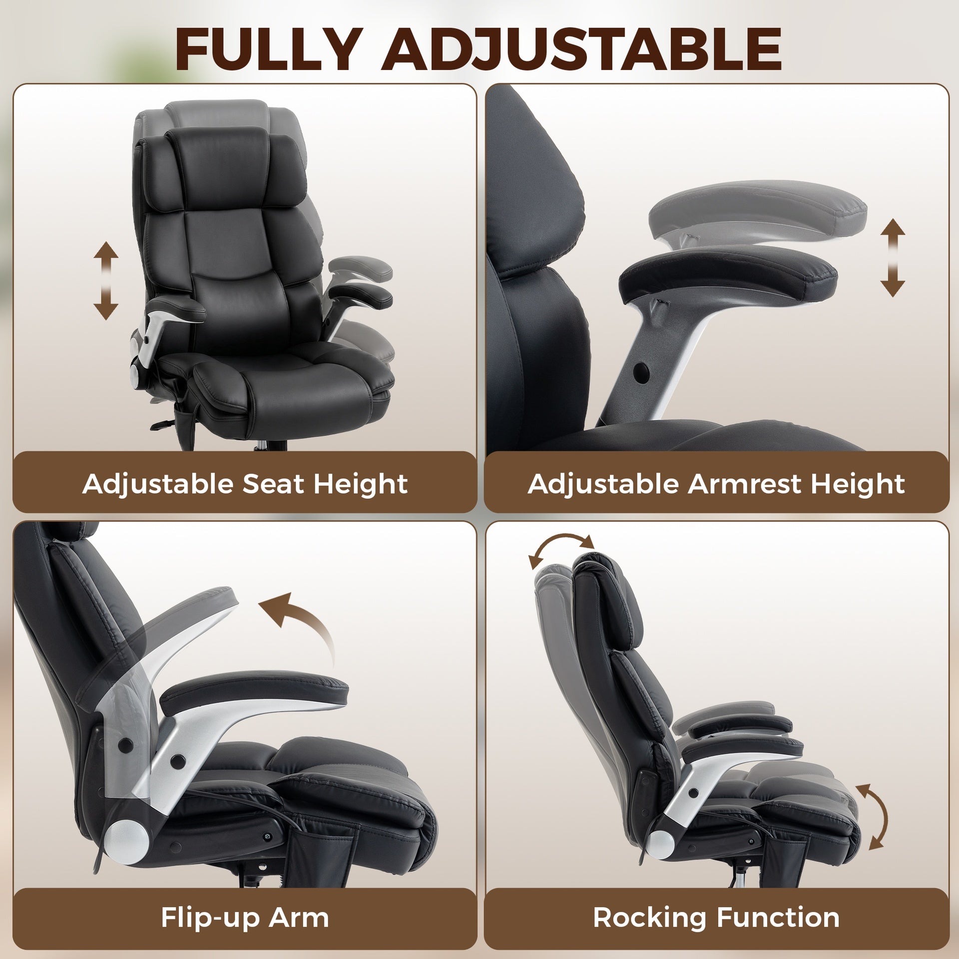 HOMCOM Big and Tall Office Chair with Airbag Lumbar Support, Pet-Friendly Fabric Desk Chair with Flip-Up Armrests, Black