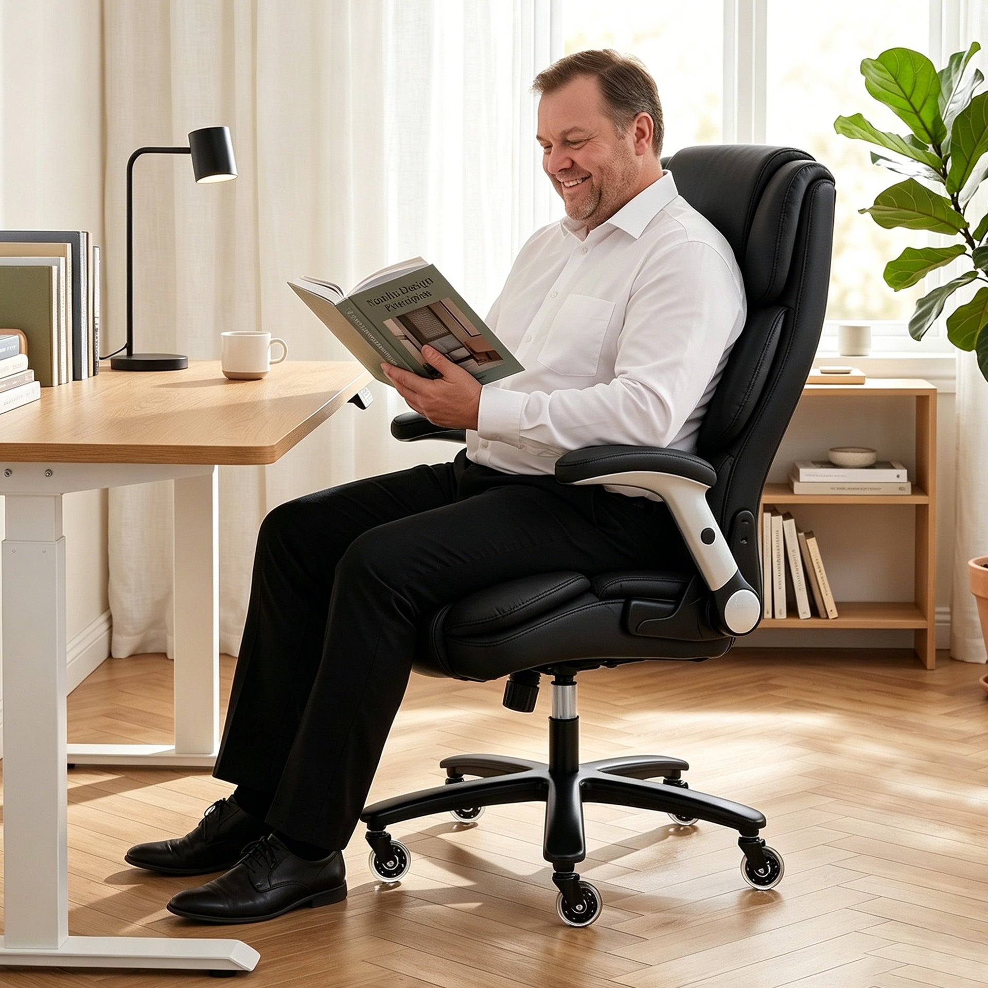 HOMCOM Big and Tall Office Chair with Airbag Lumbar Support, Pet-Friendly Fabric Desk Chair with Flip-Up Armrests, Black