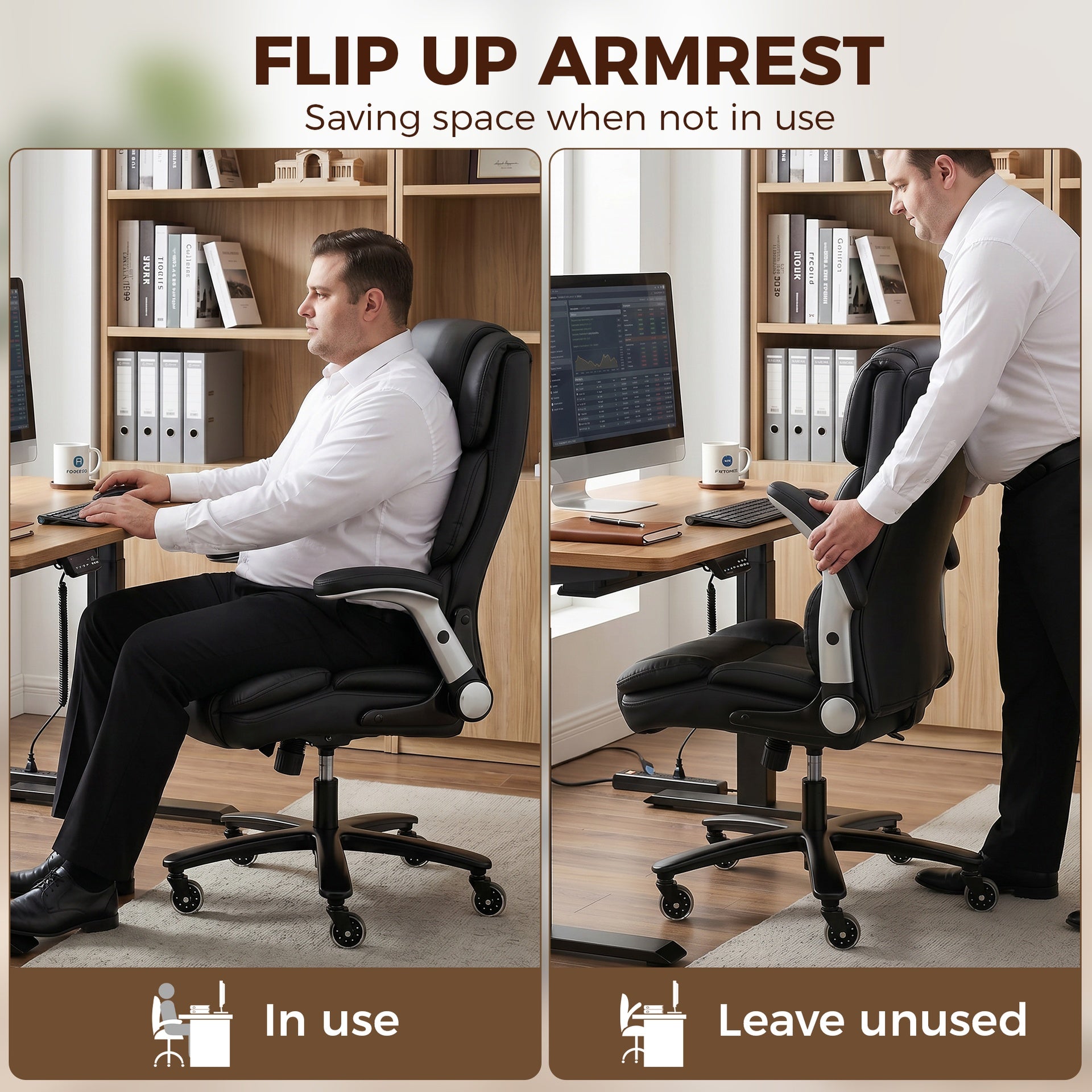 HOMCOM Big and Tall Office Chair with Airbag Lumbar Support, Pet-Friendly Fabric Desk Chair with Flip-Up Armrests, Black
