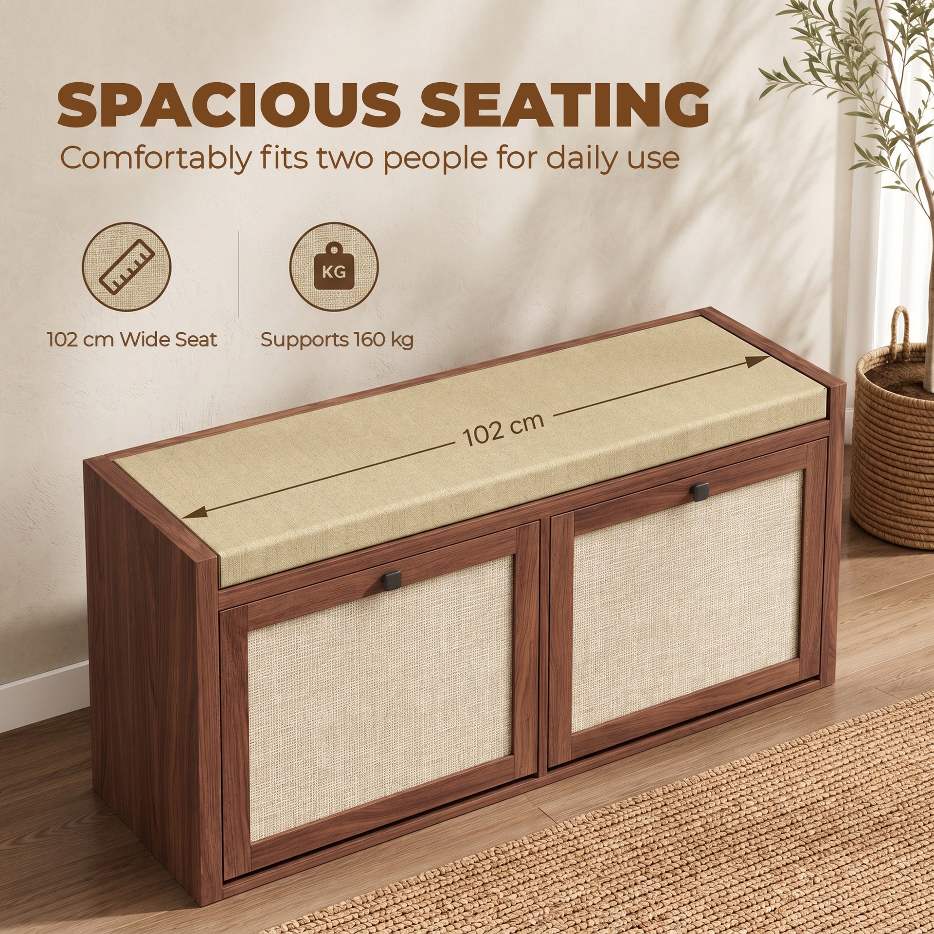 HOMCOM Shoe Storage Bench with Padded Seat, Shoe Storage Bench 2 Rattan Doors for Entryway, Brown