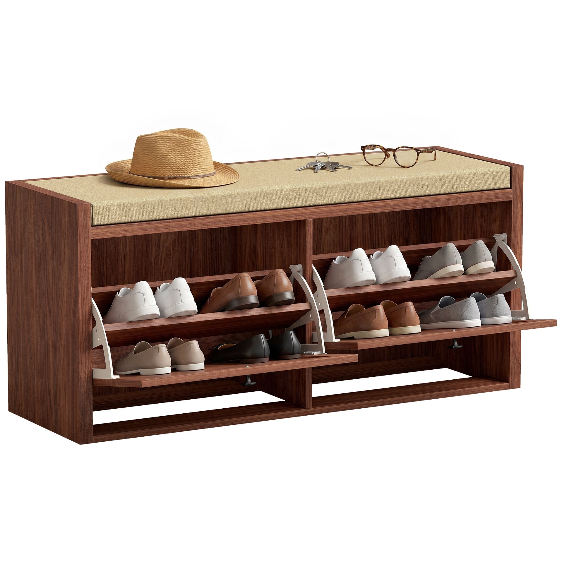 HOMCOM Shoe Storage Bench with Padded Seat, Shoe Storage Bench 2 Rattan Doors for Entryway, Brown