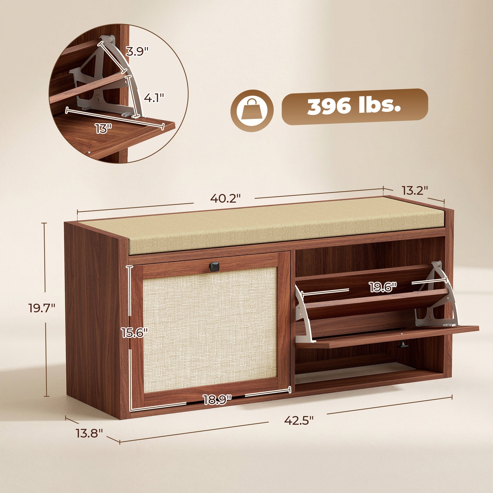 HOMCOM Shoe Storage Bench with Padded Seat, Shoe Storage Bench 2 Rattan Doors for Entryway, Brown