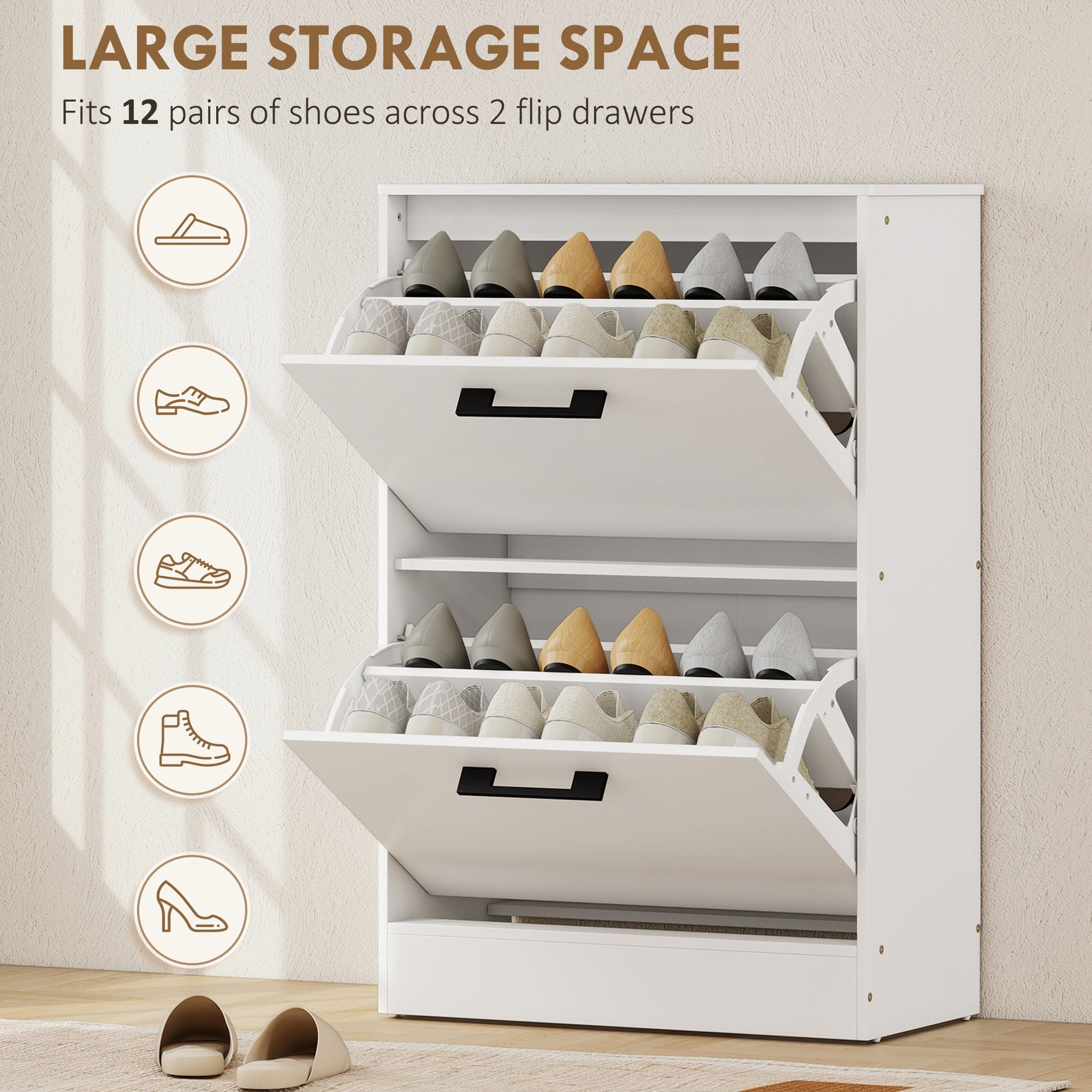 HOMCOM Shoe Cabinet 2 Flip Drawers Narrow Shoe Storage Unit Adjustable Dividers Entryway Hallway White