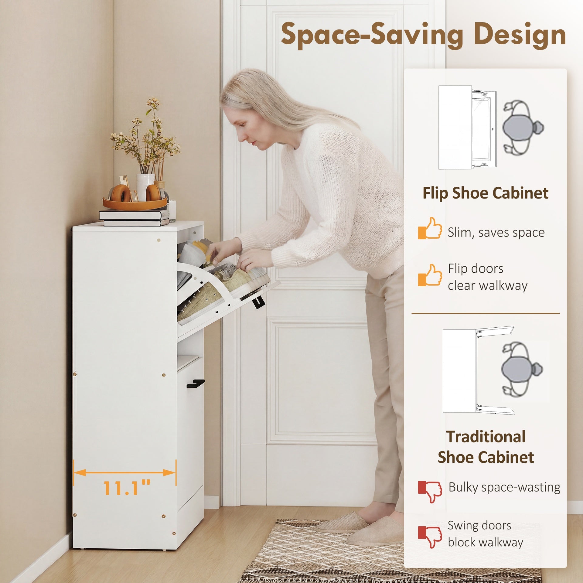 HOMCOM Shoe Cabinet 2 Flip Drawers Narrow Shoe Storage Unit Adjustable Dividers Entryway Hallway White