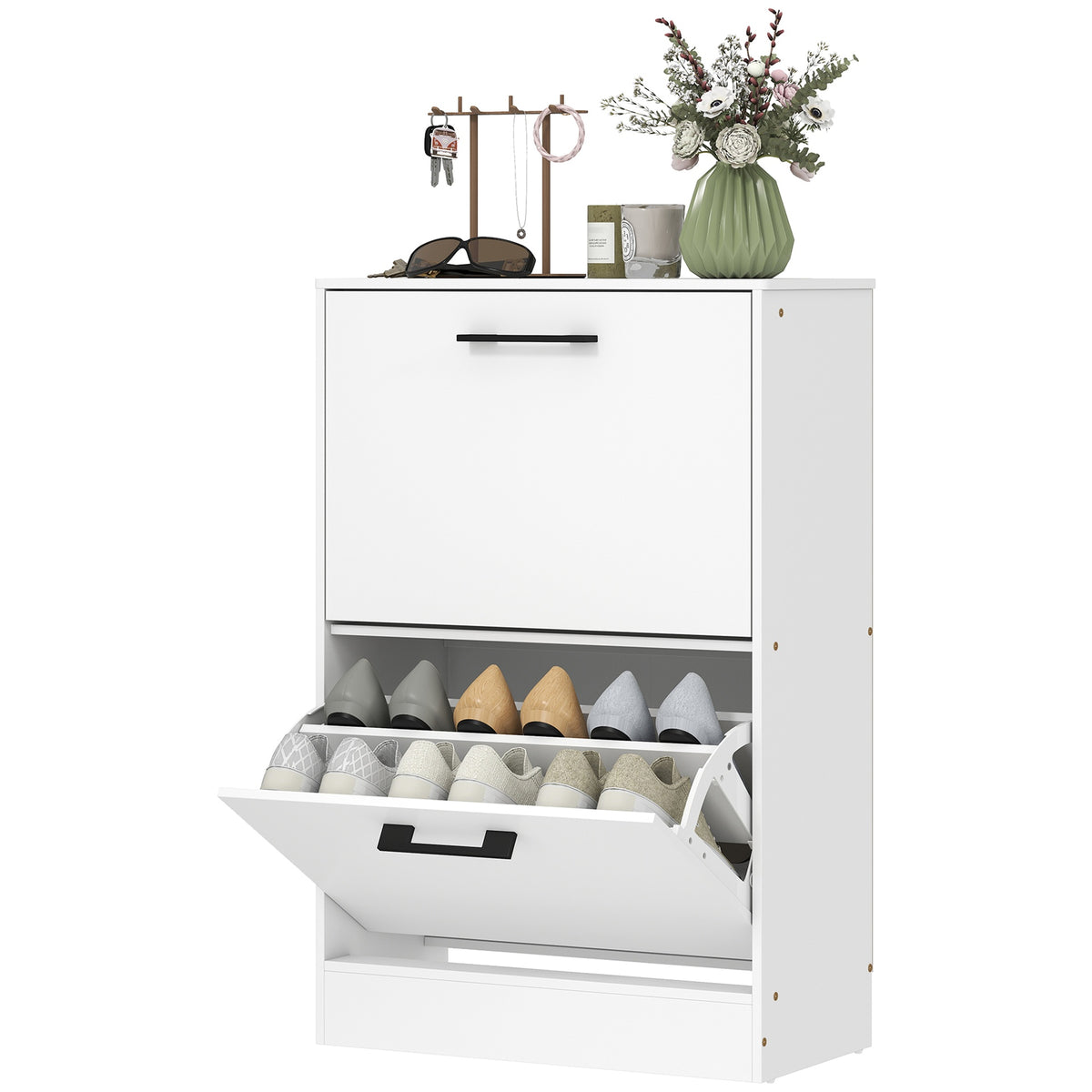 HOMCOM Shoe Cabinet 2 Flip Drawers Narrow Shoe Storage Unit Adjustable Dividers Entryway Hallway White