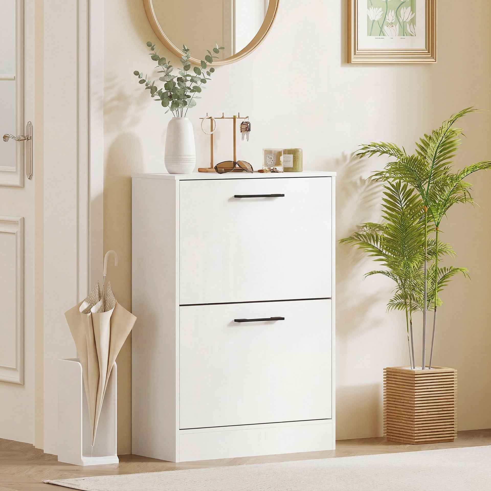 HOMCOM Shoe Cabinet 2 Flip Drawers Narrow Shoe Storage Unit Adjustable Dividers Entryway Hallway White