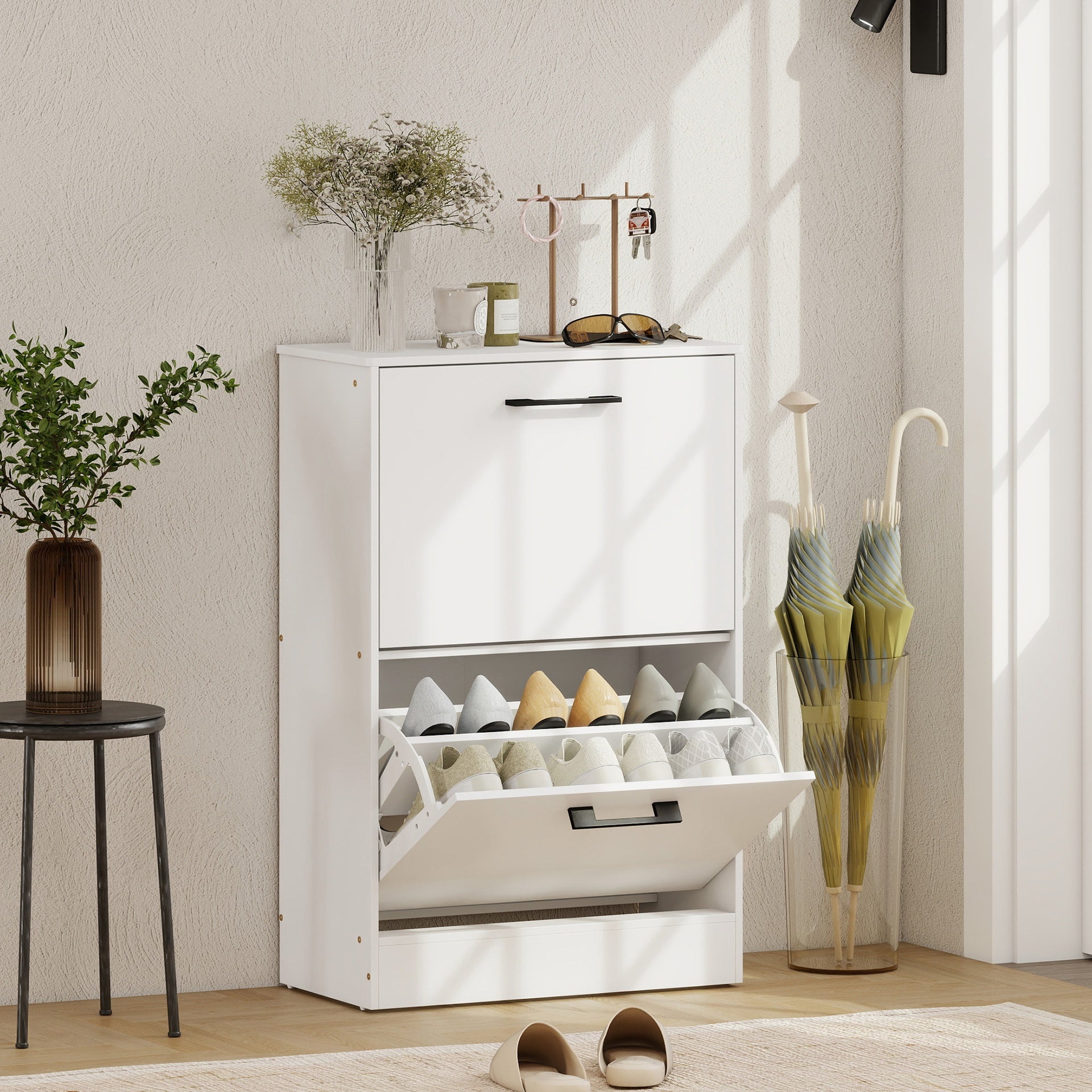 HOMCOM Shoe Cabinet 2 Flip Drawers Narrow Shoe Storage Unit Adjustable Dividers Entryway Hallway White