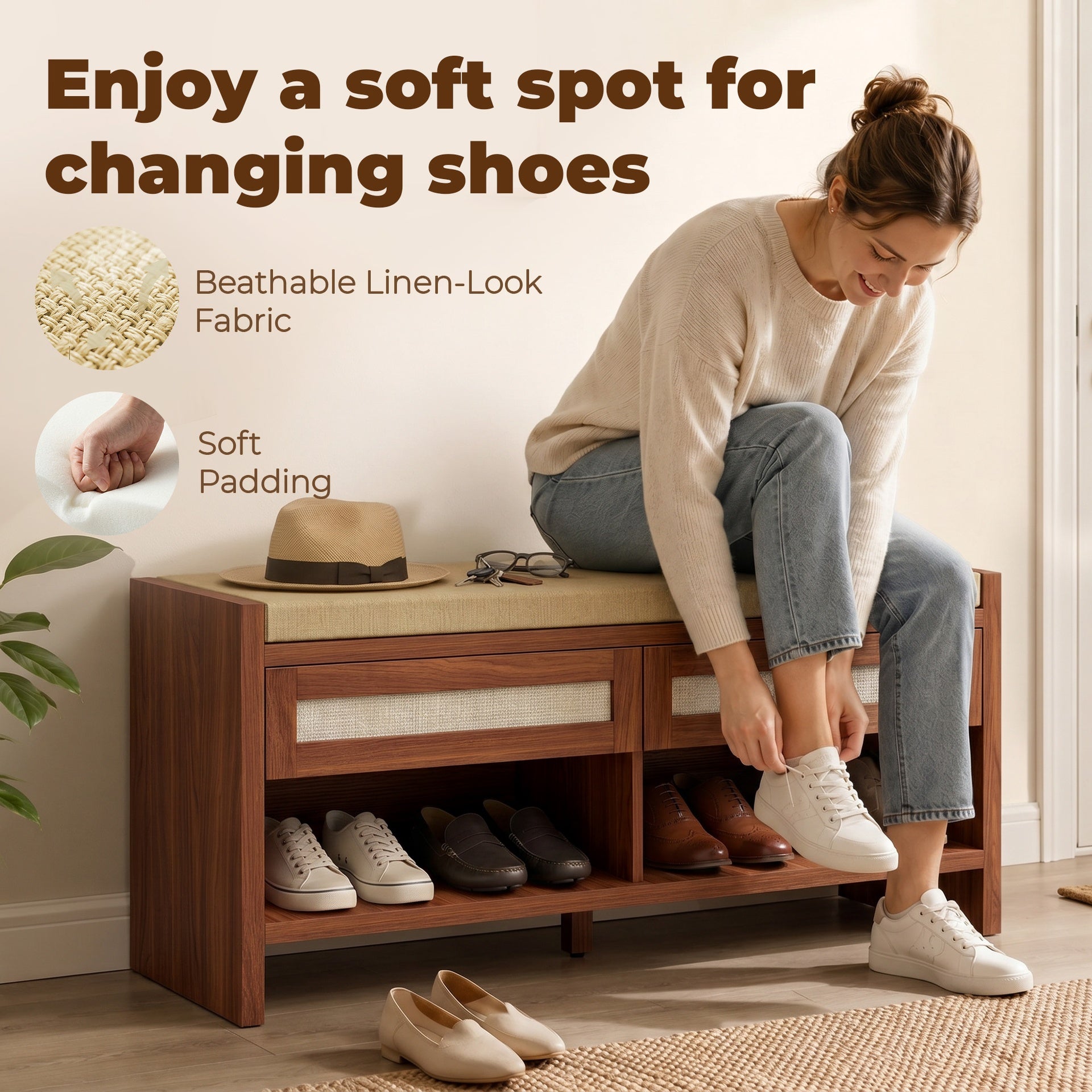 HOMCOM Shoe Bench with Cushioned Seat Shoe Storage Bench with 2 Rattan Drawers and Open Shelf Brown