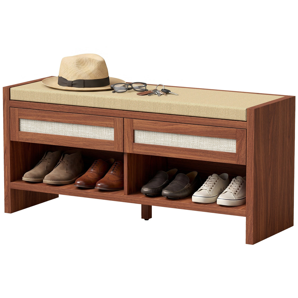 HOMCOM Shoe Bench with Cushioned Seat Shoe Storage Bench with 2 Rattan Drawers and Open Shelf Brown