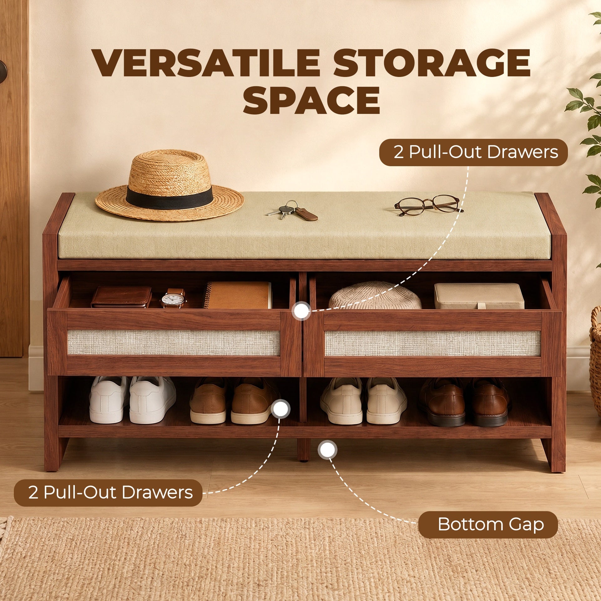 HOMCOM Shoe Bench with Cushioned Seat Shoe Storage Bench with 2 Rattan Drawers and Open Shelf Brown