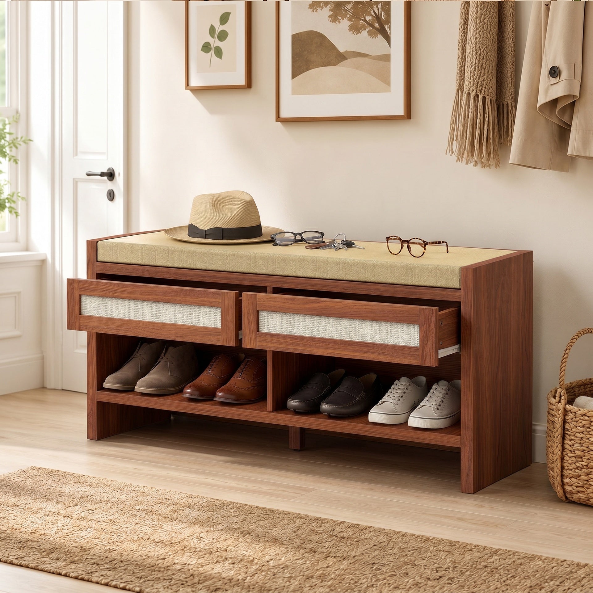 HOMCOM Shoe Bench with Cushioned Seat Shoe Storage Bench with 2 Rattan Drawers and Open Shelf Brown