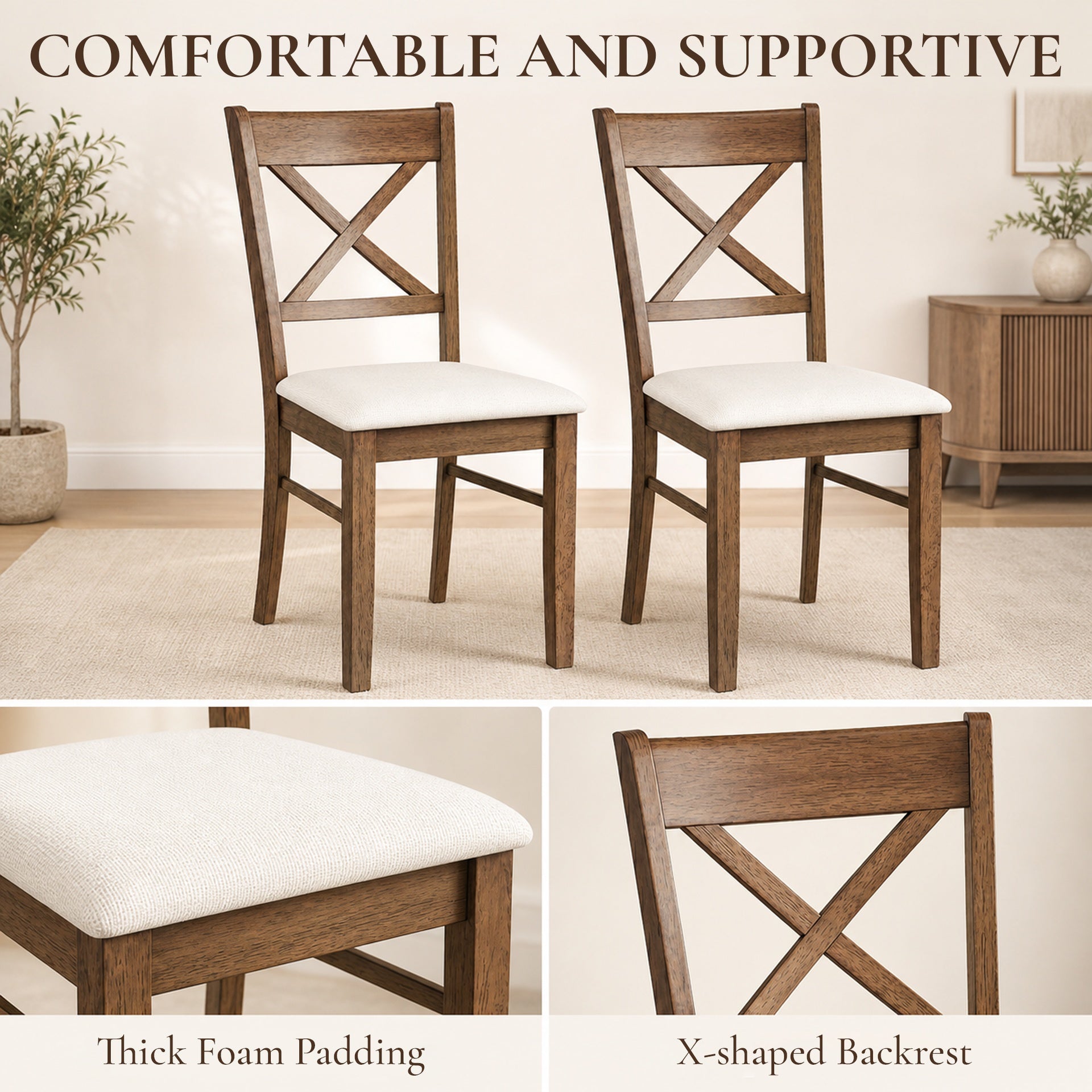 HOMCOM Dining Chairs Set of 2, Upholstered Kitchen Chairs with Rubberwood Frame, Padded Seat and X-Back, Walnut