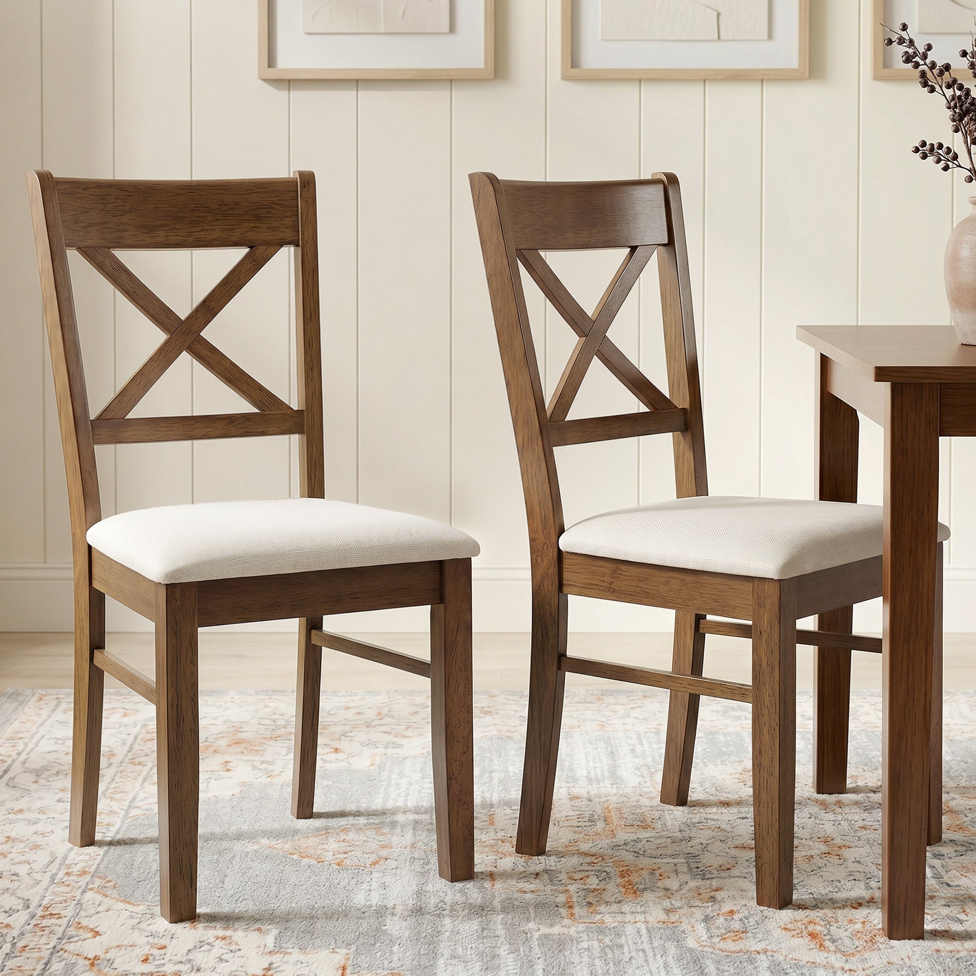 HOMCOM Dining Chairs Set of 2, Upholstered Kitchen Chairs with Rubberwood Frame, Padded Seat and X-Back, Walnut