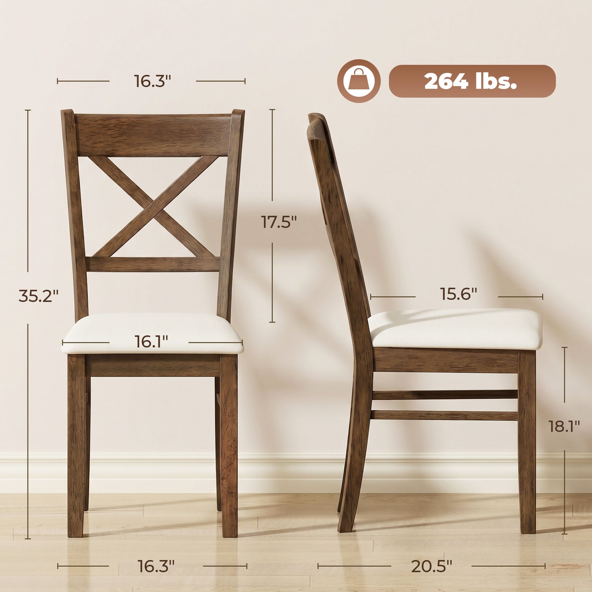 HOMCOM Dining Chairs Set of 2, Upholstered Kitchen Chairs with Rubberwood Frame, Padded Seat and X-Back, Walnut