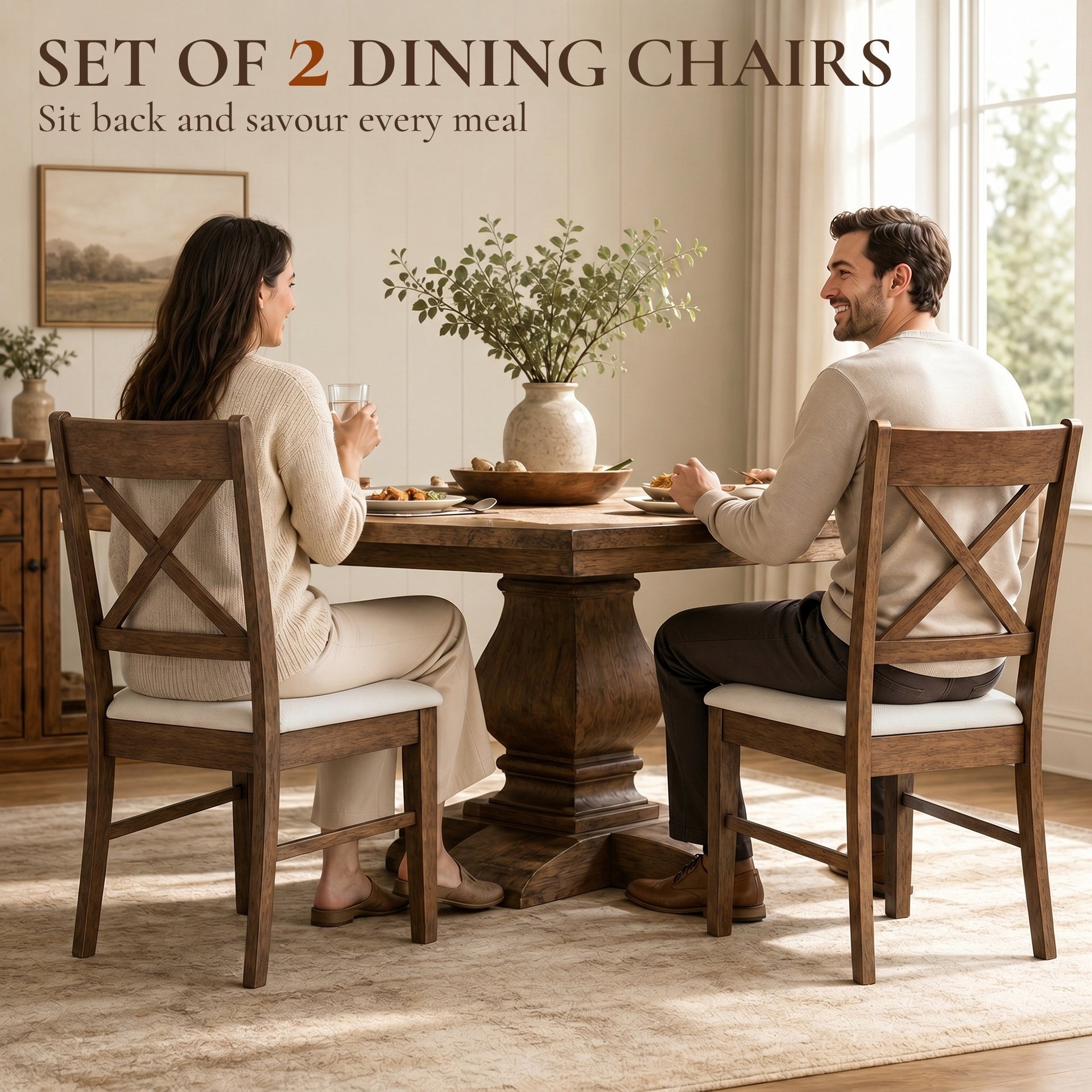 HOMCOM Dining Chairs Set of 2, Upholstered Kitchen Chairs with Rubberwood Frame, Padded Seat and X-Back, Walnut