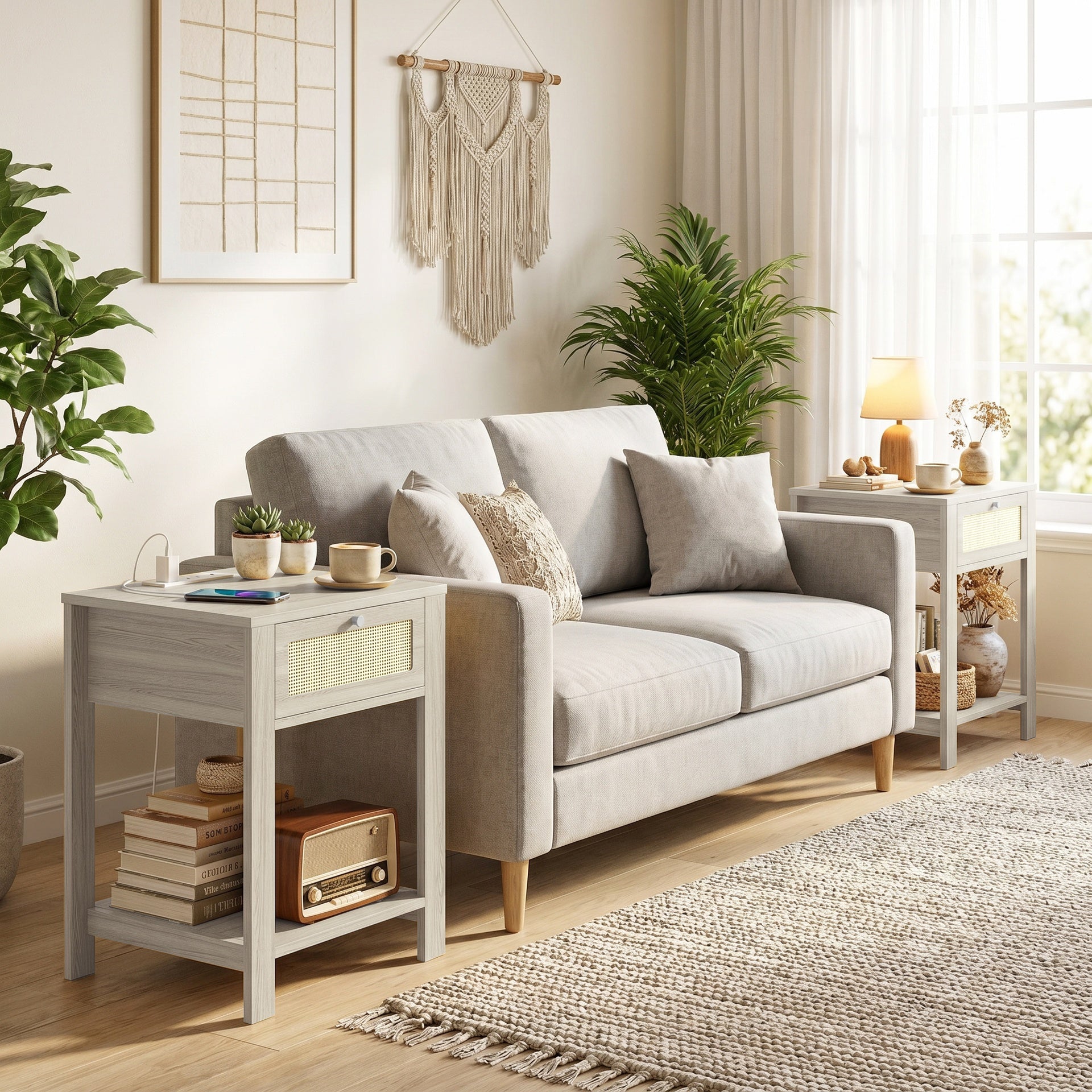 HOMCOM End Table Set of 2 with Charging Station, Bed Side Tables Set with Drawer, Storage Shelf for Living Room, Natural Wood