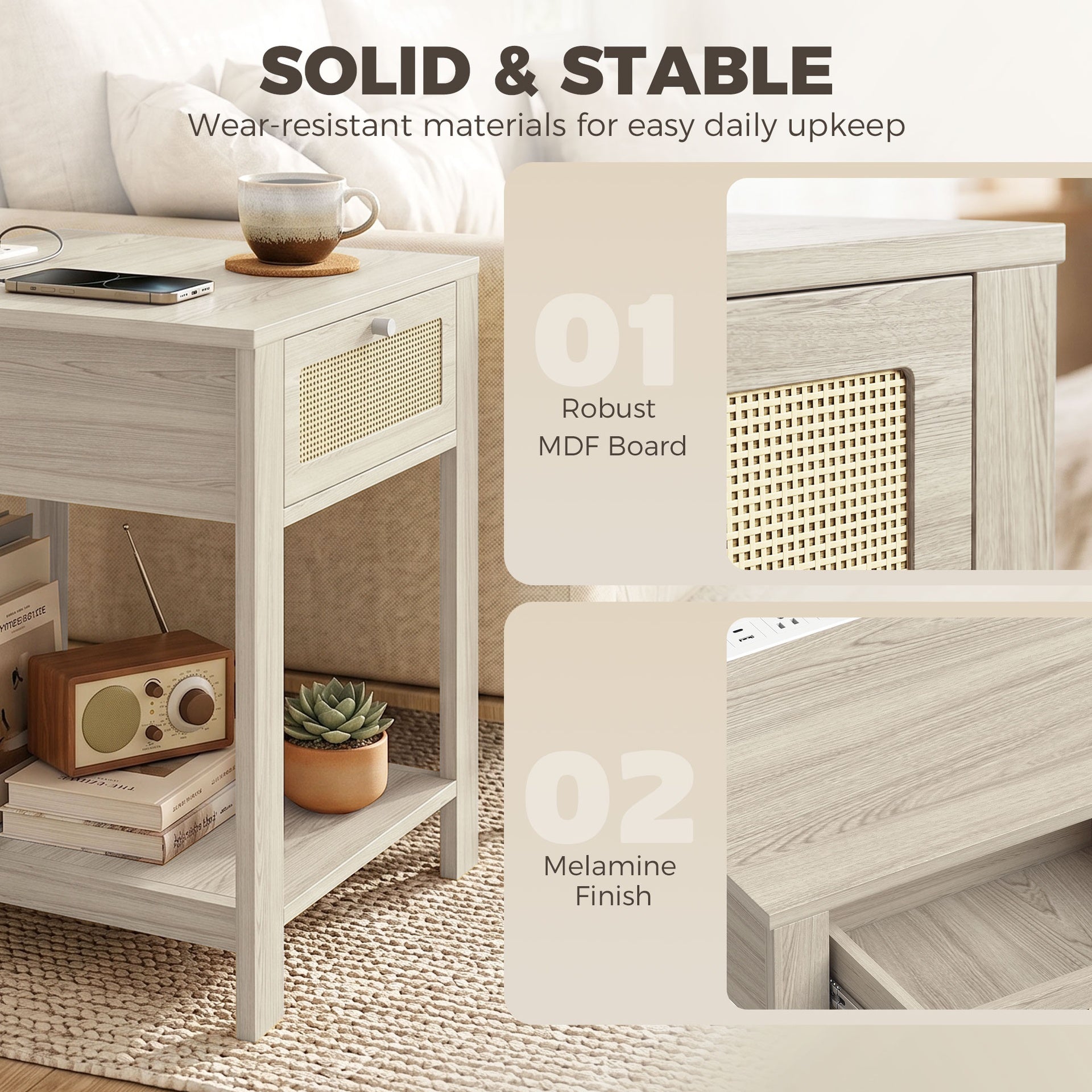 HOMCOM End Table Set of 2 with Charging Station, Bed Side Tables Set with Drawer, Storage Shelf for Living Room, Natural Wood