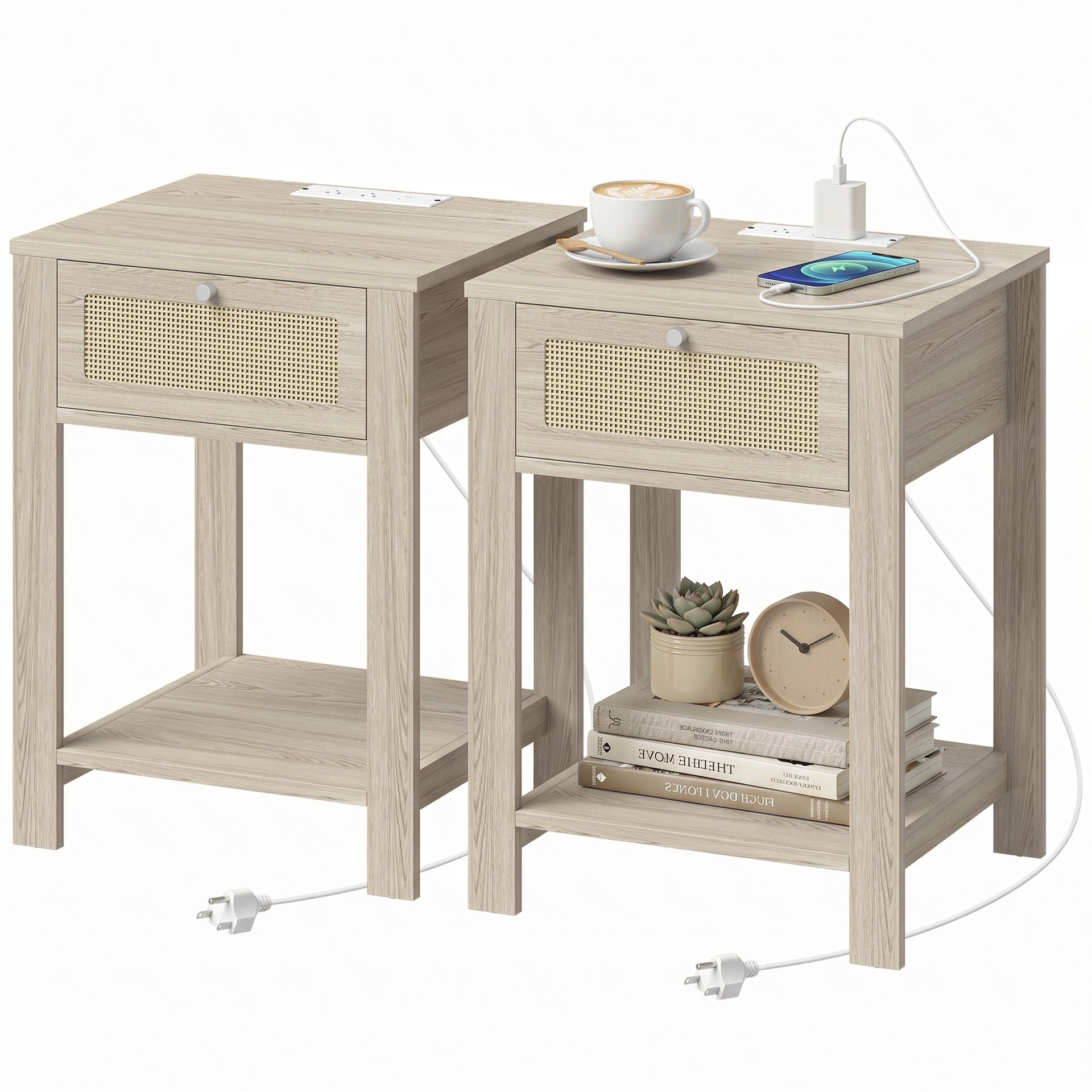 HOMCOM End Table Set of 2 with Charging Station, Bed Side Tables Set with Drawer, Storage Shelf for Living Room, Natural Wood