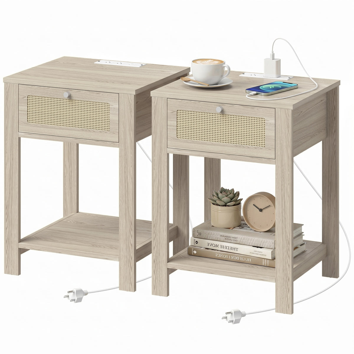 HOMCOM End Table Set of 2 with Charging Station, Bed Side Tables Set with Drawer, Storage Shelf for Living Room, Natural Wood