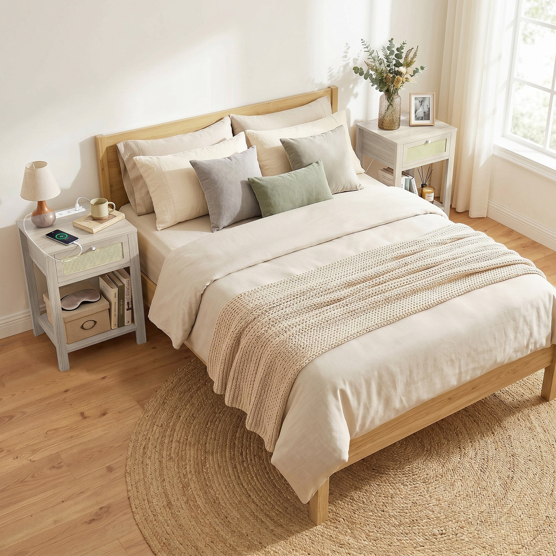 HOMCOM End Table Set of 2 with Charging Station, Bed Side Tables Set with Drawer, Storage Shelf for Living Room, Natural Wood