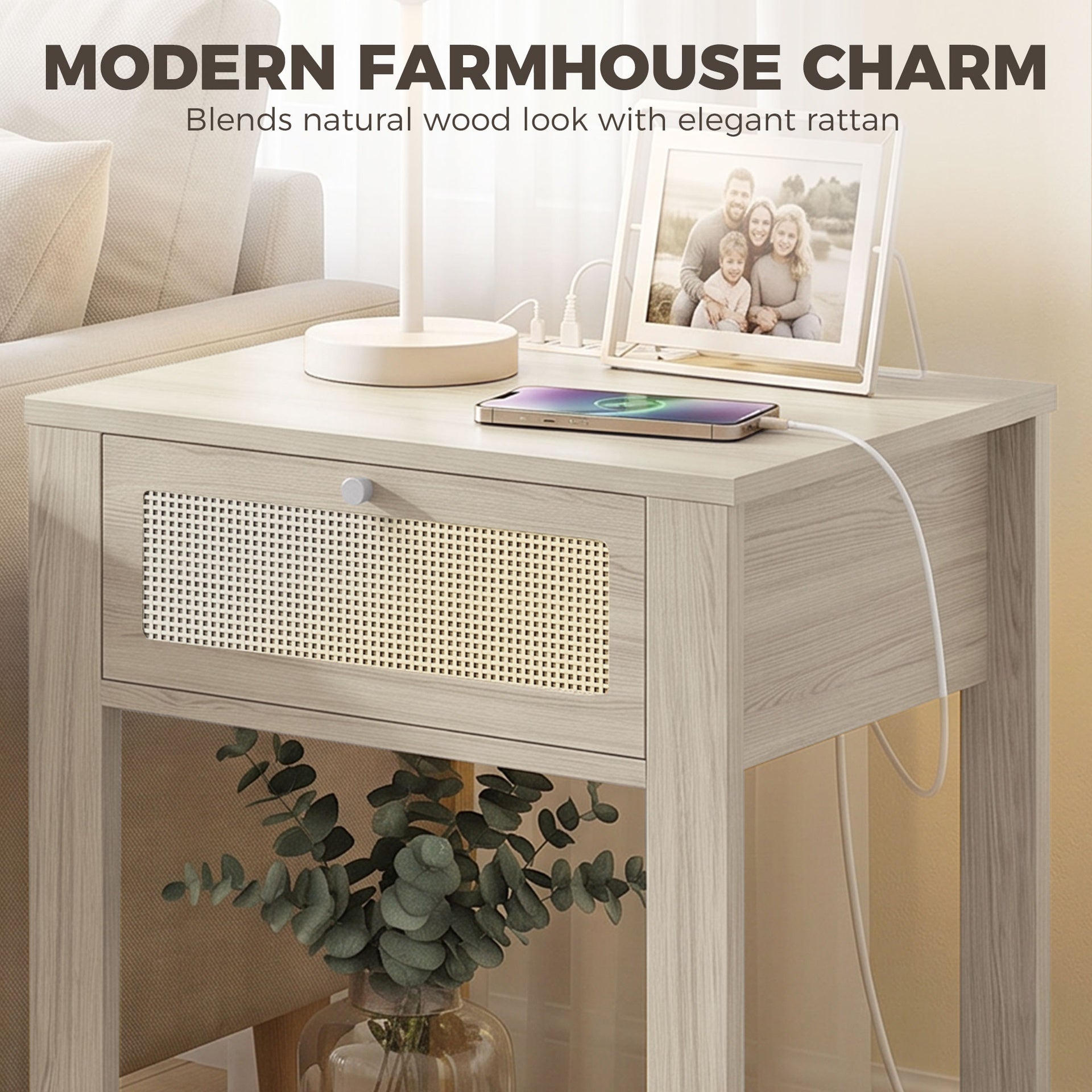 HOMCOM End Table Set of 2 with Charging Station, Bed Side Tables Set with Drawer, Storage Shelf for Living Room, Natural Wood