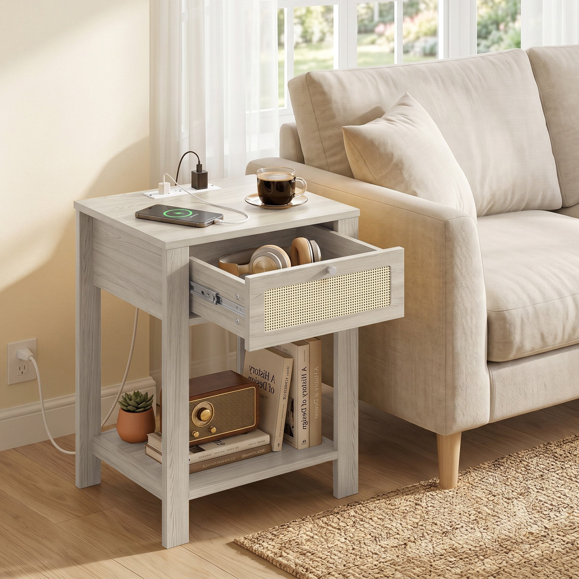 HOMCOM End Table Set of 2 with Charging Station, Bed Side Tables Set with Drawer, Storage Shelf for Living Room, Natural Wood