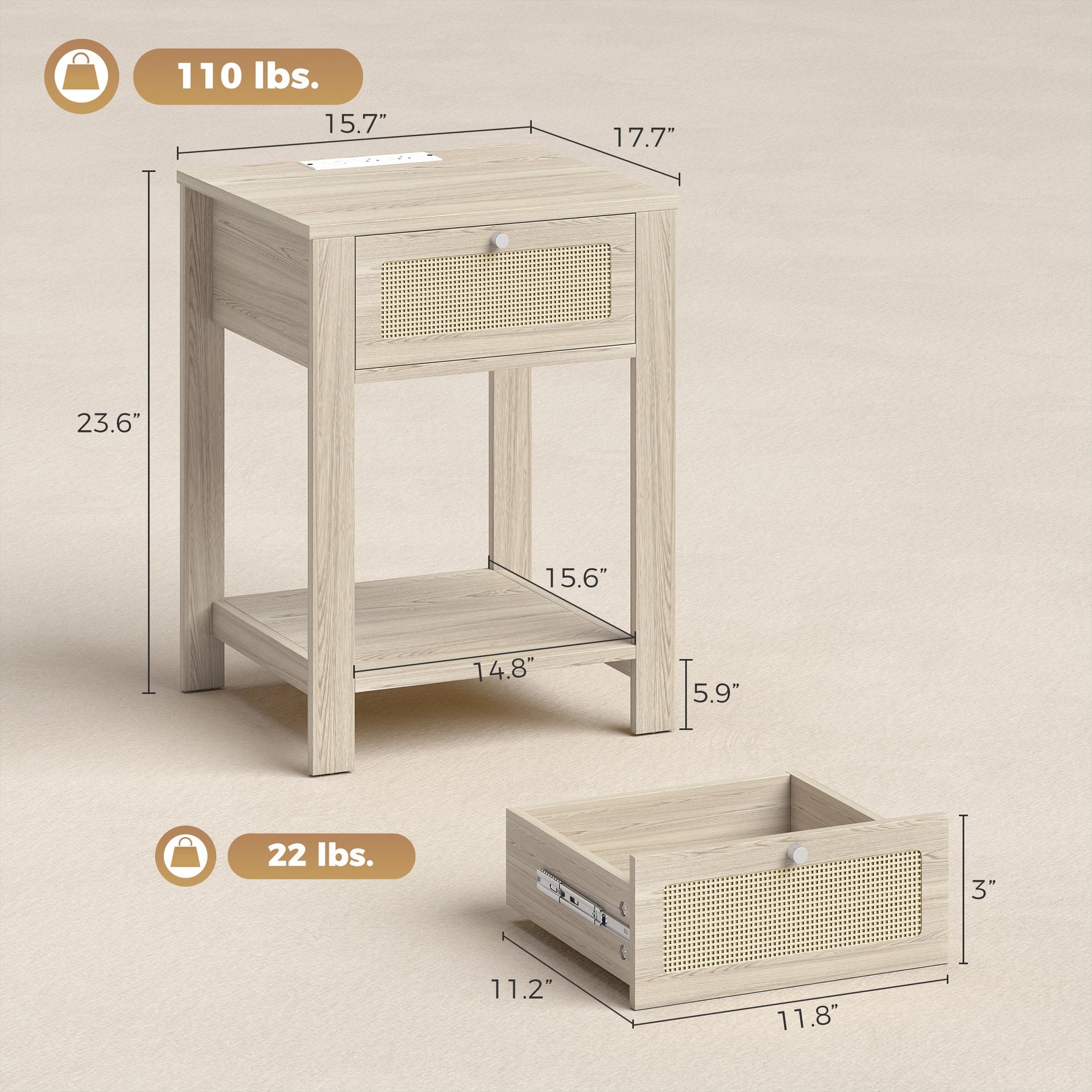 HOMCOM End Table Set of 2 with Charging Station, Bed Side Tables Set with Drawer, Storage Shelf for Living Room, Natural Wood