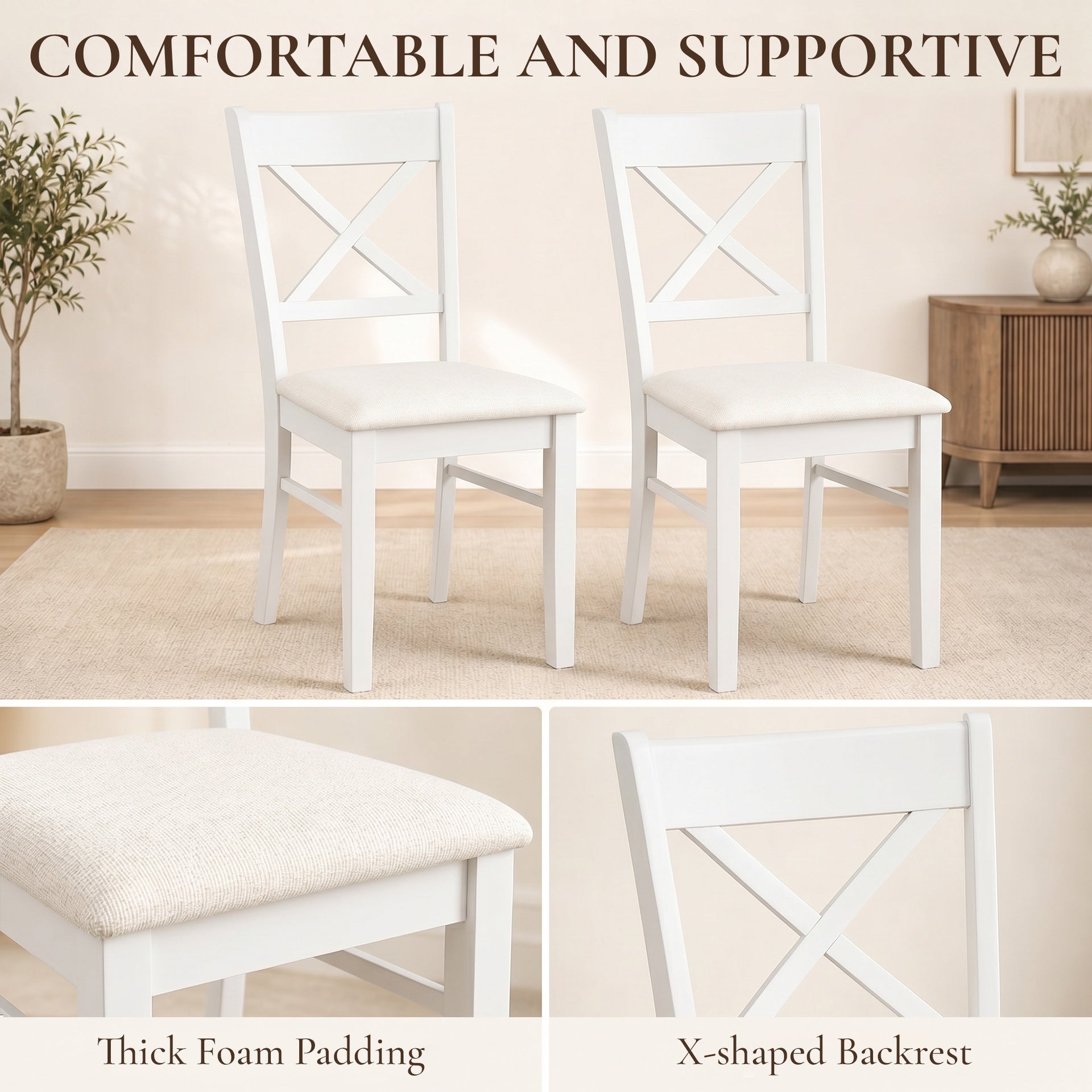 HOMCOM Dining Chairs Set of 2, Upholstered Kitchen Chairs with Rubberwood Frame, Padded Seat and X-Back, White