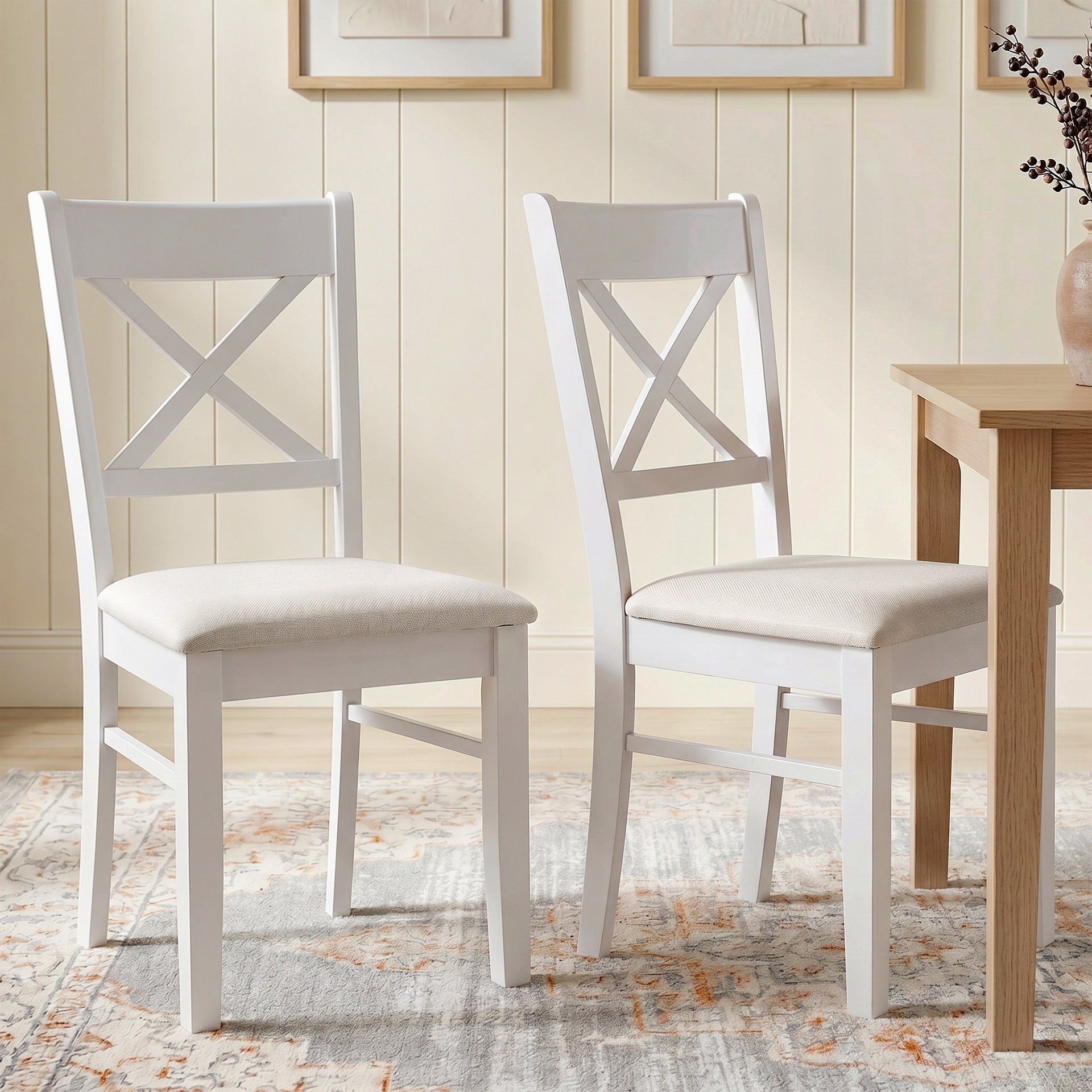 HOMCOM Dining Chairs Set of 2, Upholstered Kitchen Chairs with Rubberwood Frame, Padded Seat and X-Back, White