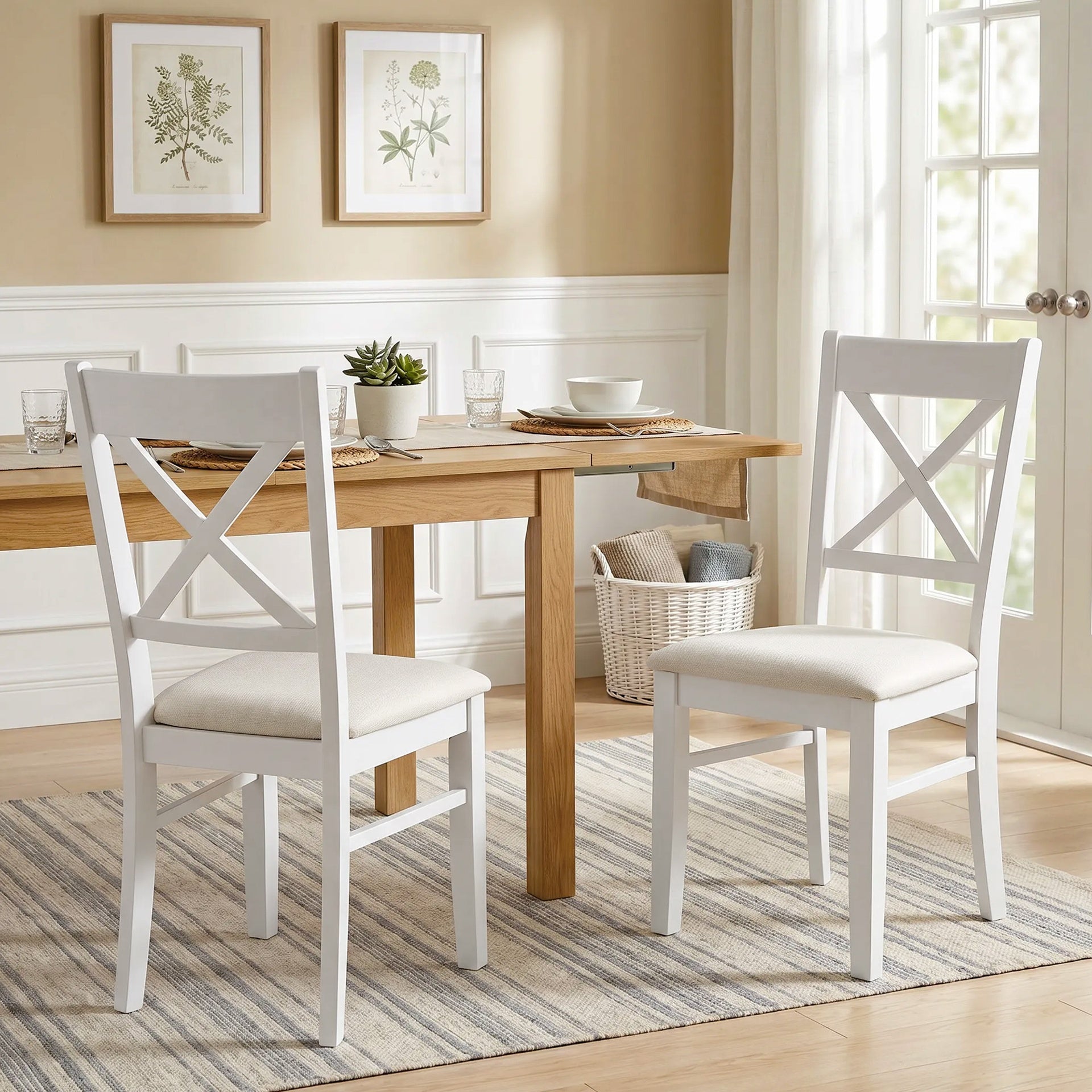 HOMCOM Dining Chairs Set of 2, Upholstered Kitchen Chairs with Rubberwood Frame, Padded Seat and X-Back, White